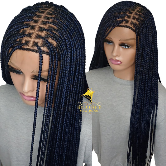 New Dark Blue Knotless Braid Wig Available on Full Lace Wig & Braided Lace Front Wig African Braided Wigs for Black Women Box Braid Wig - BRAIDED WIG BOSS