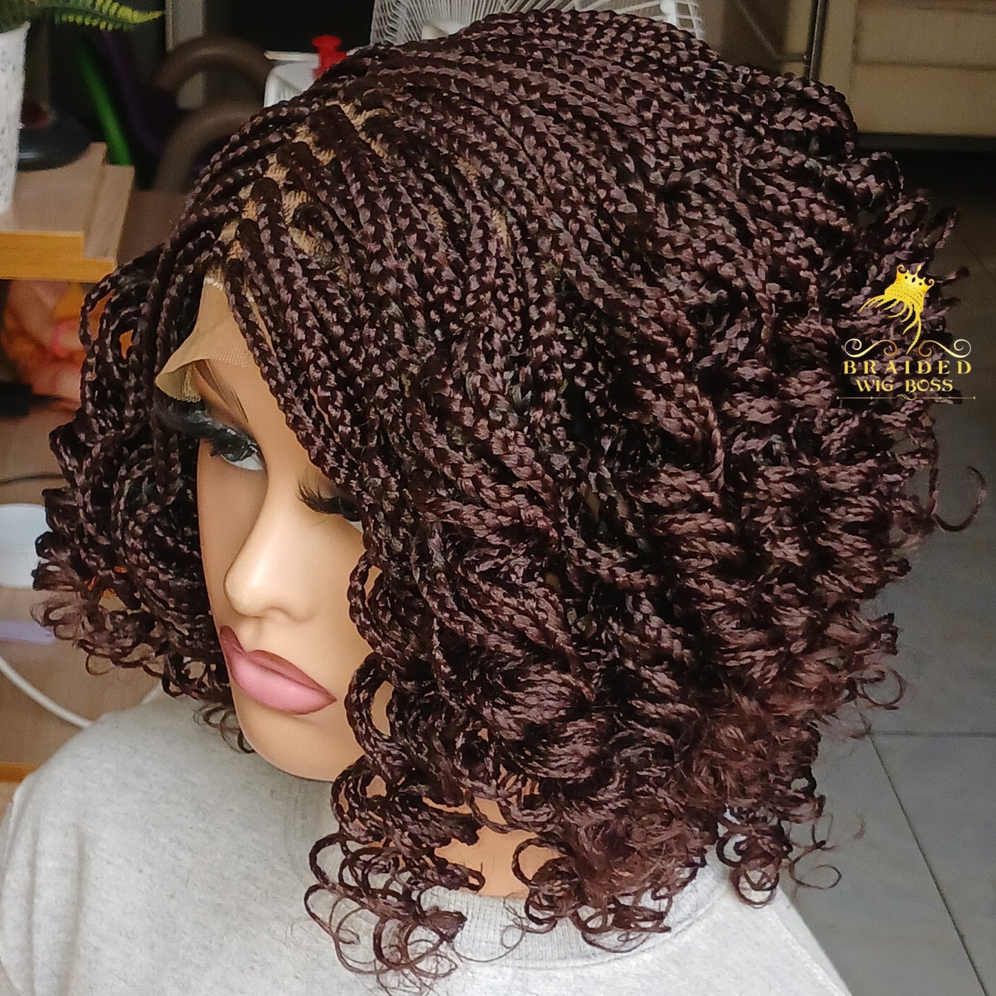 Short Curly Box Braid Wig For Black Women On a 6 by 6 Lace Front Wig In Color 33 Brown Box Braided Wig on Braided Lace Wig