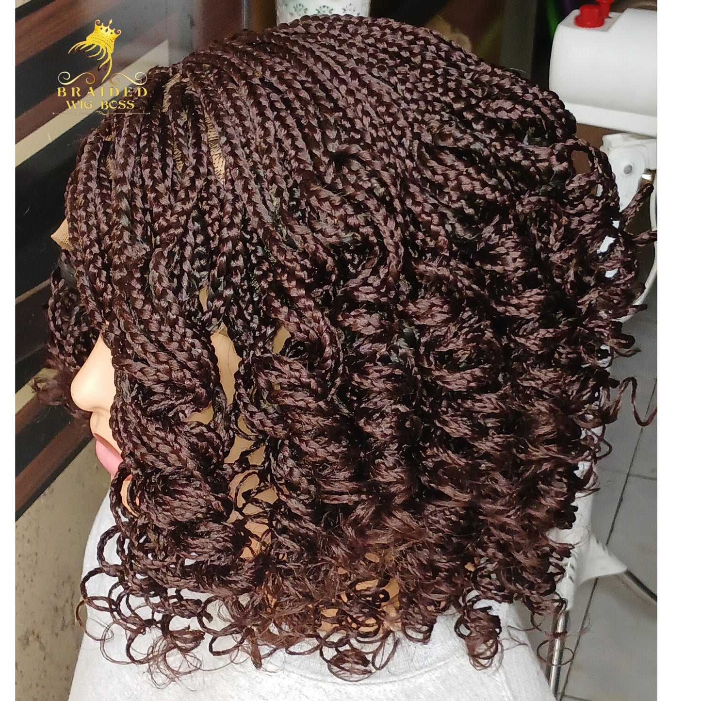 Short Curly Box Braid Wig For Black Women On a 6 by 6 Lace Front Wig In Color 33 Brown Box Braided Wig on Braided Lace Wig