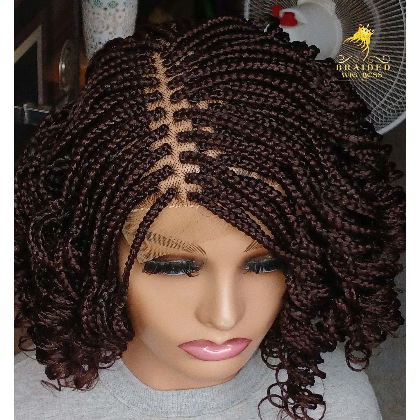 Short Curly Box Braid Wig For Black Women On a 6 by 6 Lace Front Wig In Color 33 Brown Box Braided Wig on Braided Lace Wig