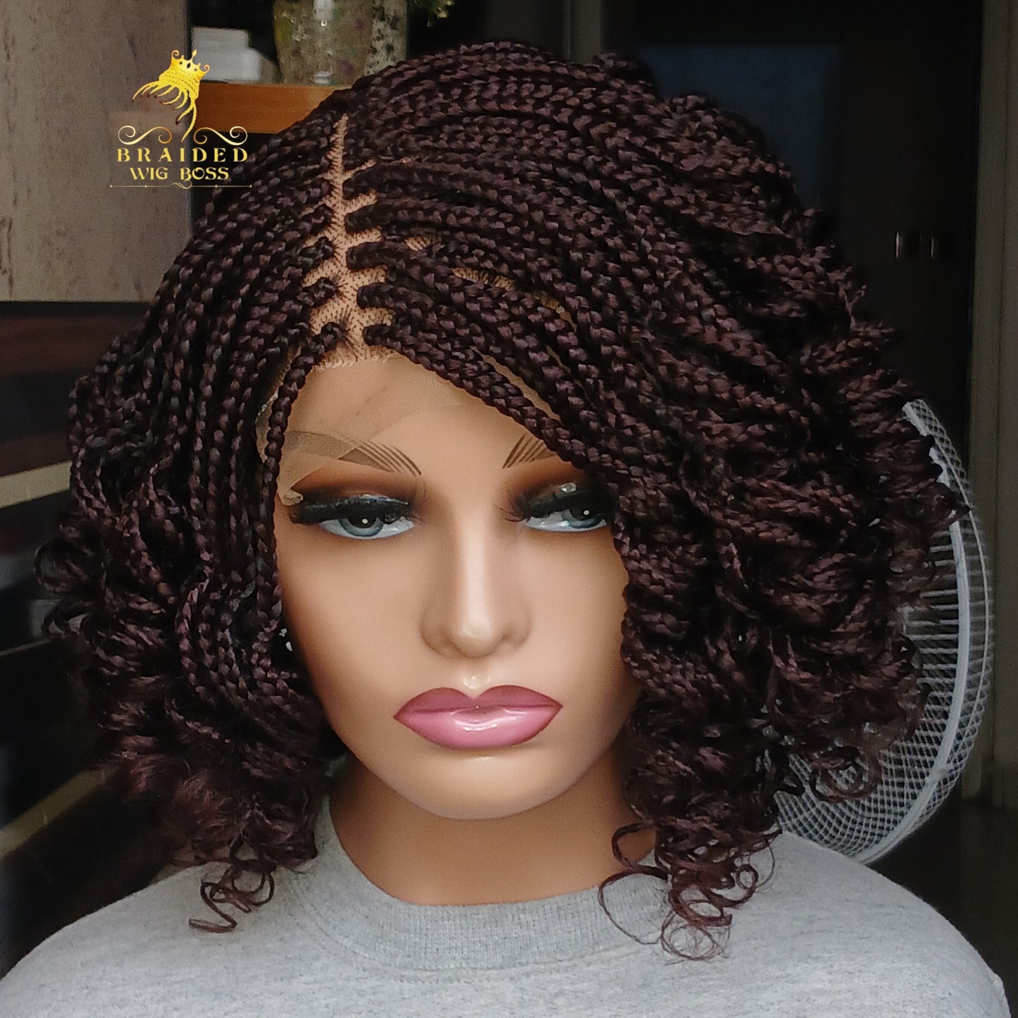 Short Curly Box Braid Wig For Black Women On a 6 by 6 Lace Front Wig In Color 33 Brown Box Braided Wig on Braided Lace Wig