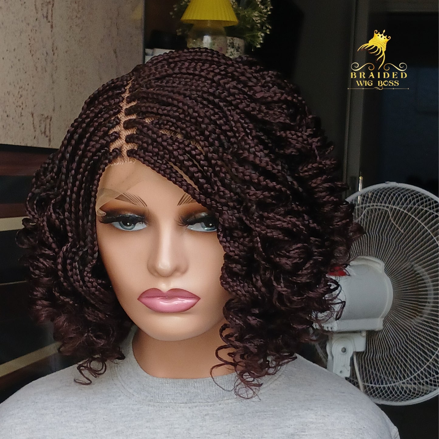 Short Curly Box Braid Wig For Black Women On a 6 by 6 Lace Front Wig In Color 33 Brown Box Braided Wig on Braided Lace Wig