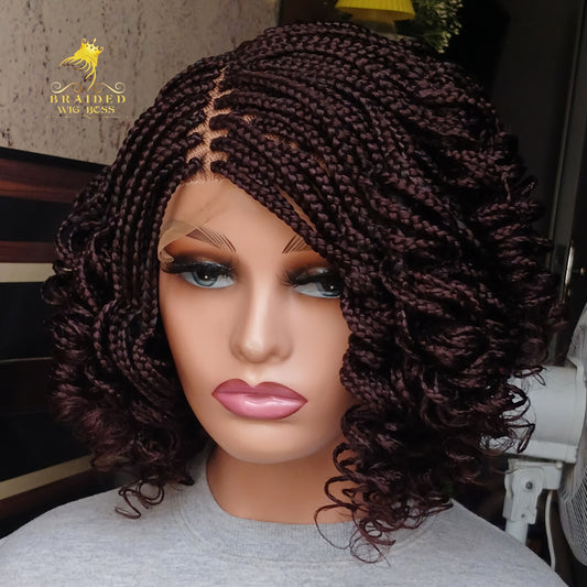 Short Curly Box Braid Wig For Black Women On a 6 by 6 Lace Front Wig In Color 33 Brown Box Braided Wig on Braided Lace Wig