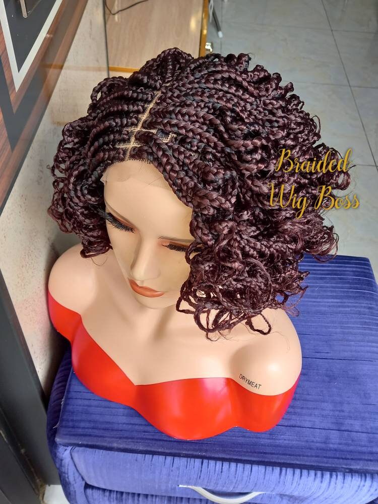 Short Curly Braided wig ON 4*4 Lace Front box braids wig for black women knotless braid faux locs dreadlocks lace wig tribal micro braid wig