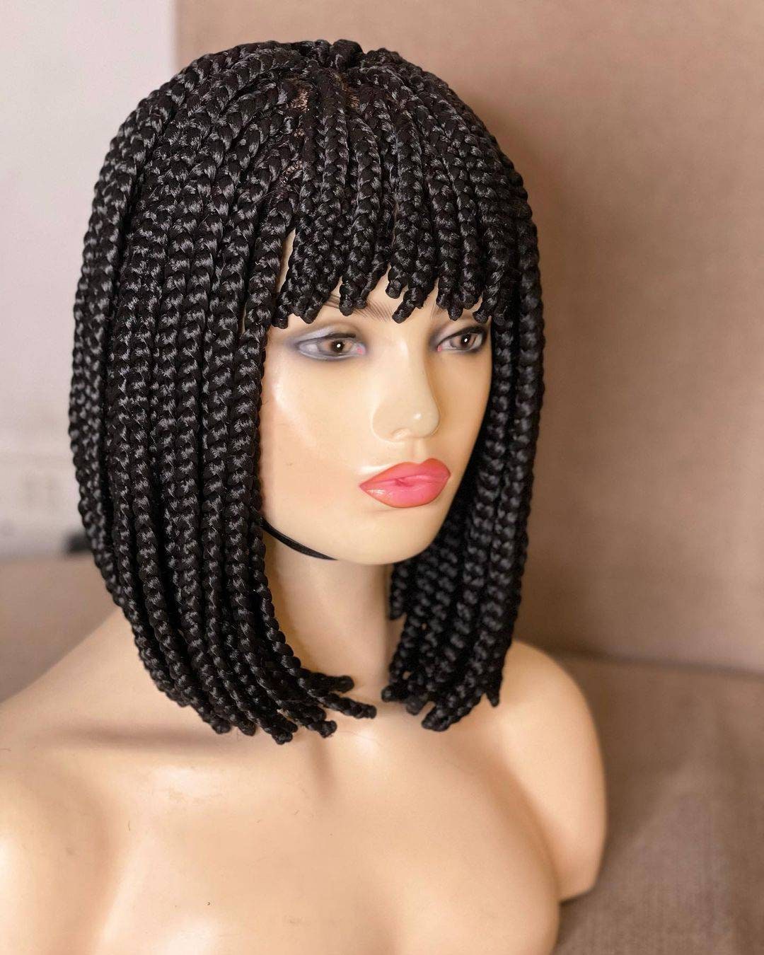 12-Inch Braided Wig with Bangs for Black Women On 4*4 Closure & Frontal, Glueless Handmade Box Braids Wig, African American Synthetic Hair