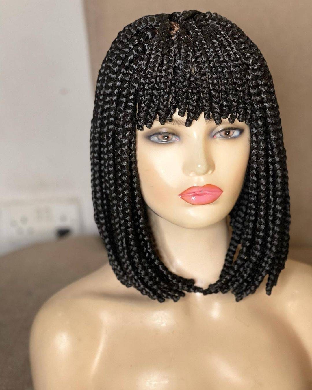 12-Inch Braided Wig with Bangs for Black Women On 4*4 Closure & Frontal, Glueless Handmade Box Braids Wig, African American Synthetic Hair