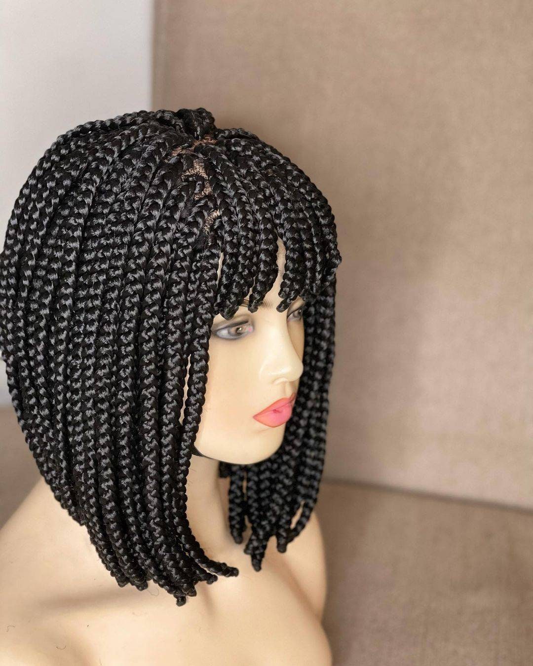 12-Inch Braided Wig with Bangs for Black Women On 4*4 Closure & Frontal, Glueless Handmade Box Braids Wig, African American Synthetic Hair