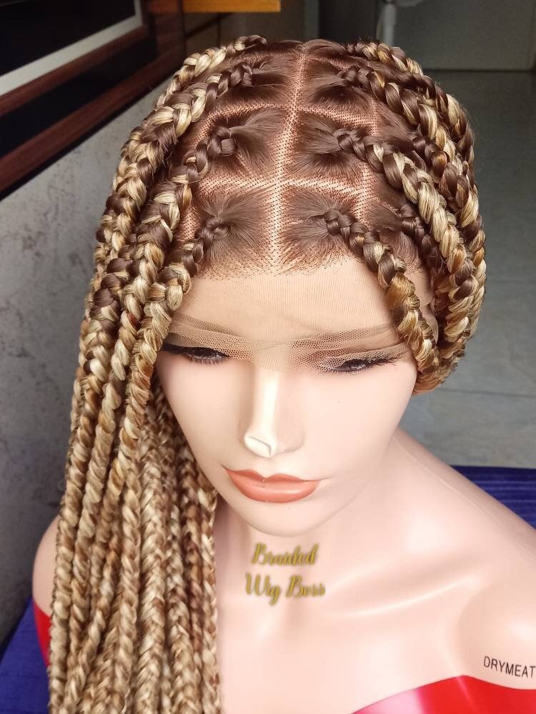 Ready to ship full lace braided wig for black women Color 8 Base With Mixed Blonde Extensions box braids lace front wig knotless wig 36"