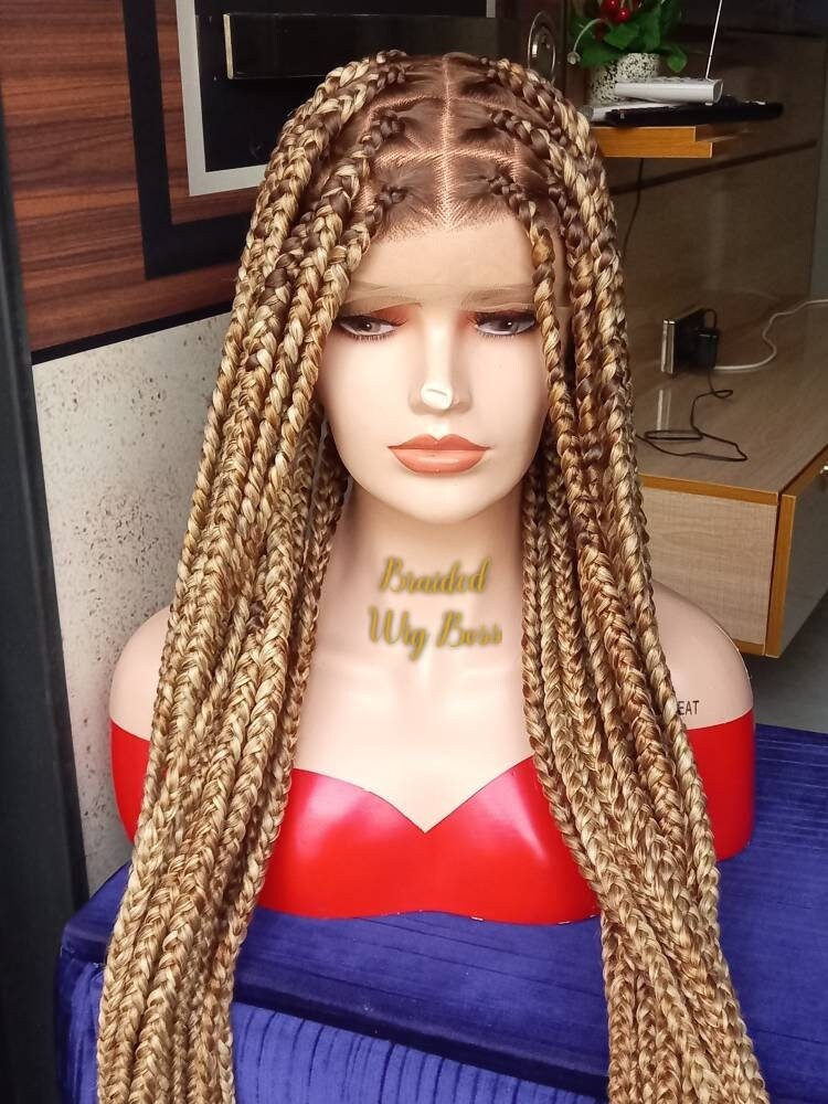 Ready to ship full lace braided wig for black women Color 8 Base With Mixed Blonde Extensions box braids lace front wig knotless wig 36"