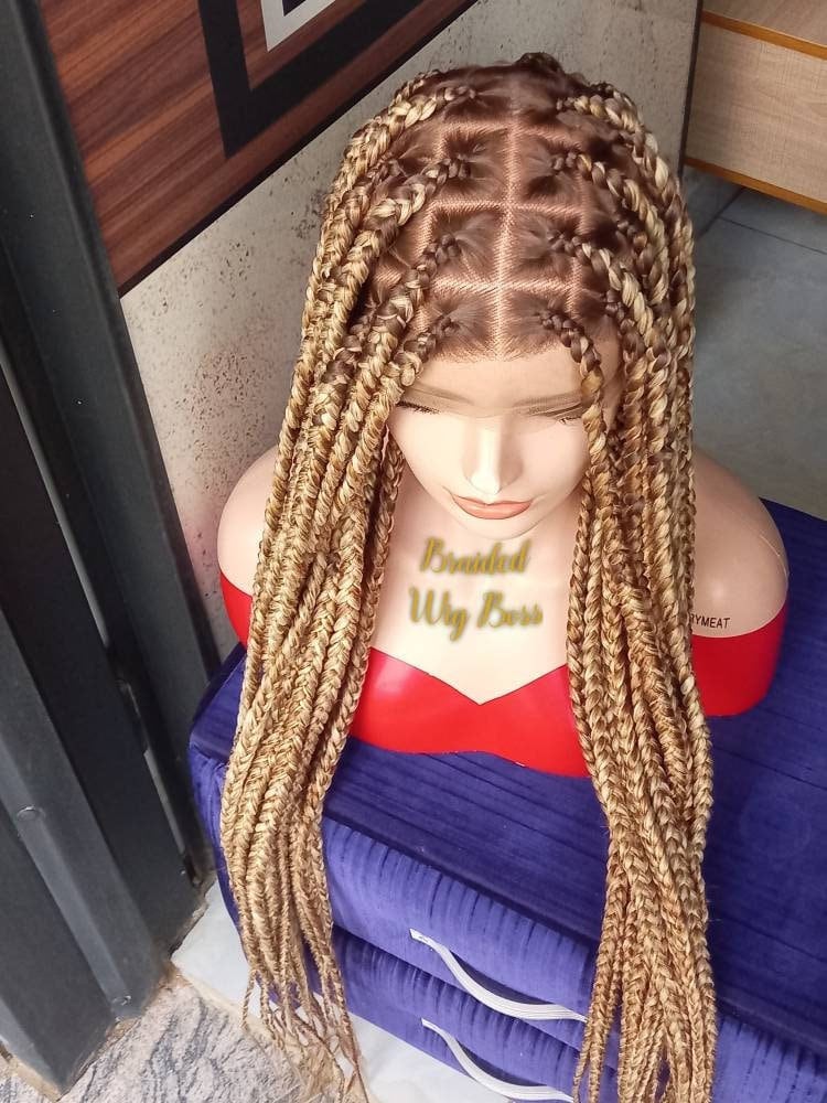 Ready to ship full lace braided wig for black women Color 8 Base With Mixed Blonde Extensions box braids lace front wig knotless wig 36"