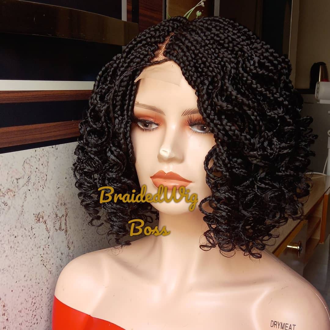 Short Curly braided wig on a 2 by 4 closure  Medium box braids wig for black women cornrows wig faux locs dreadlocks lace frontal wig