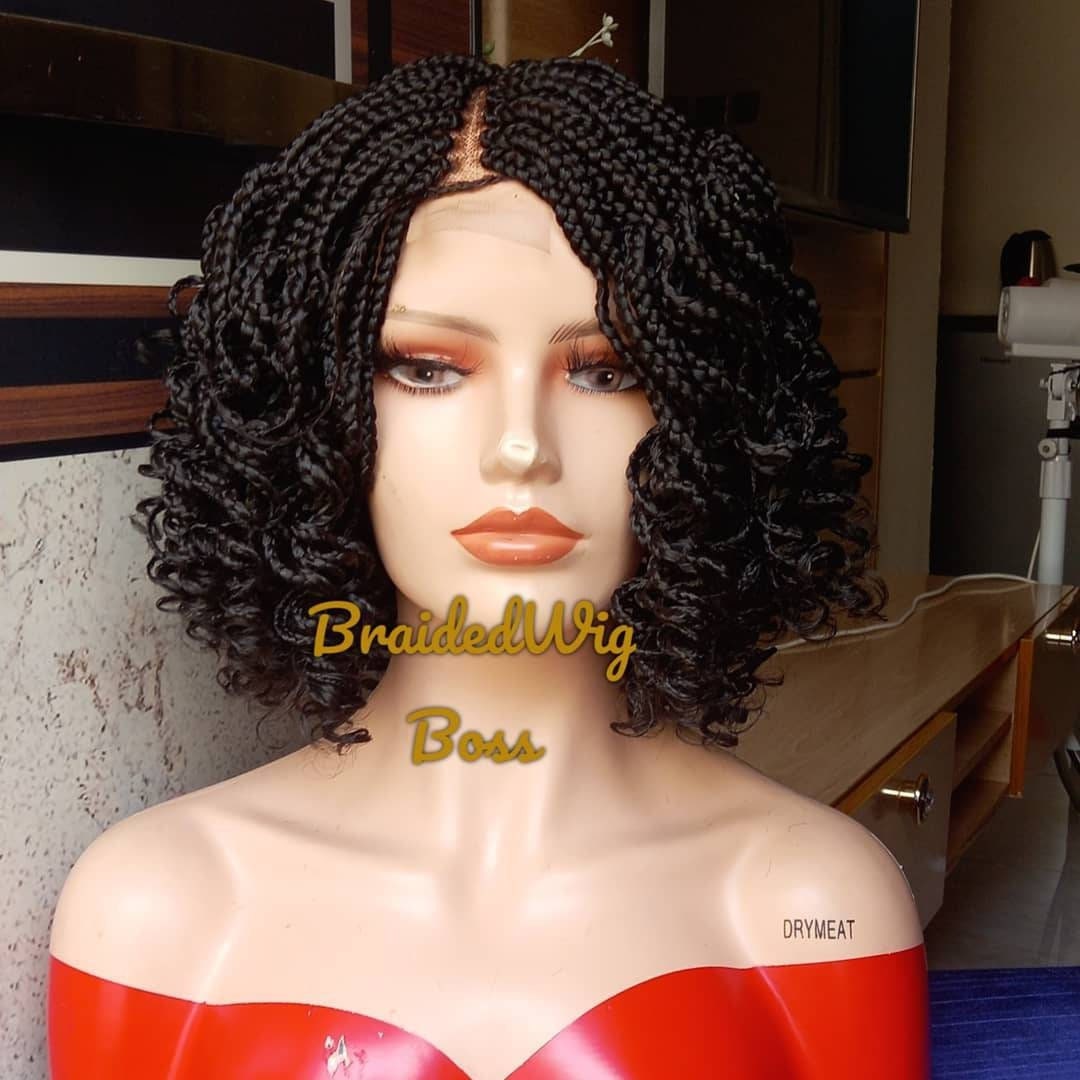 Short Curly braided wig on a 2 by 4 closure Medium box braids wig for ...