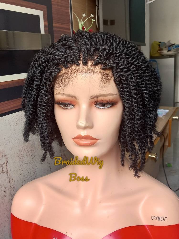 Short Kinky Curls Braided Wig for Black Women on 4*4 Lace Front  Handmade Quality Synthetic Hair Crochet Wig, Natural-Looking Protective