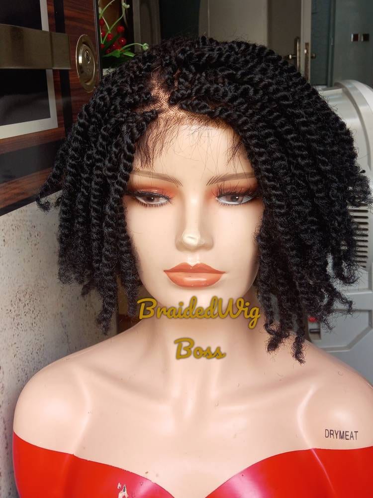 Short Kinky Curls Braided Wig for Black Women on 4*4 Lace Front  Handmade Quality Synthetic Hair Crochet Wig, Natural-Looking Protective