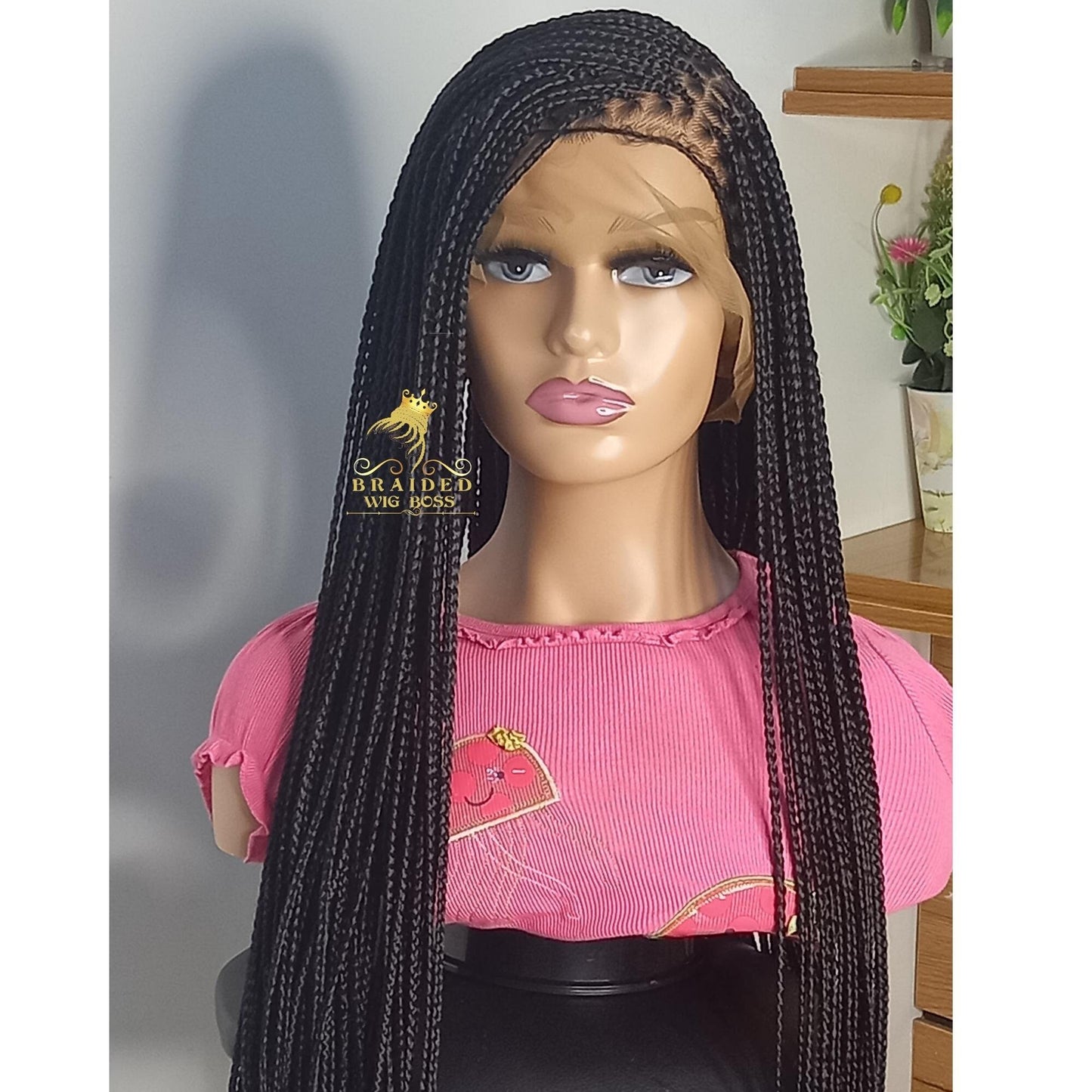 Ready to Ship Knotless braided wigs for black women human hair lace front 30" New Black box braid wig