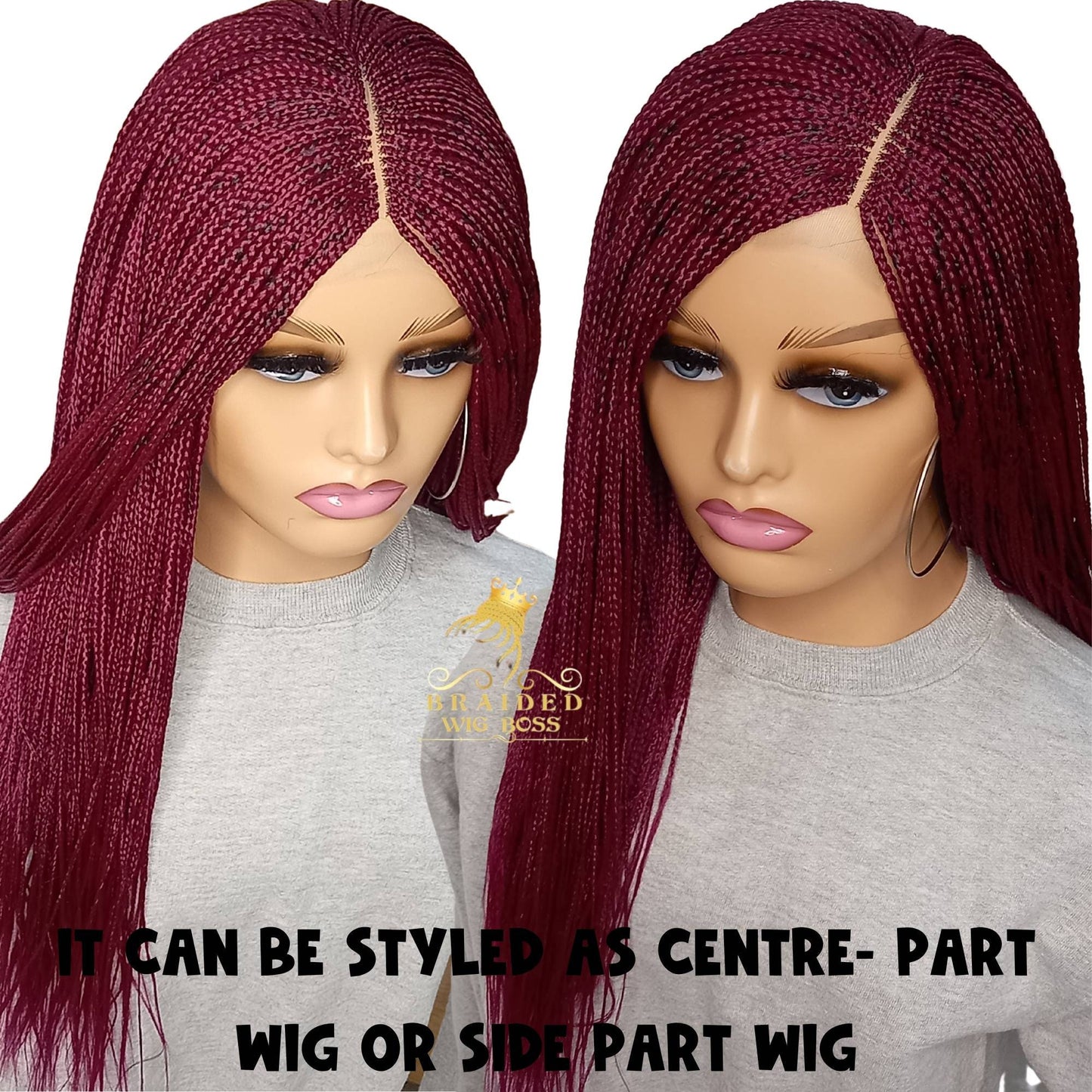 Micro braid wig on 2 by 4 lace front color 900 burgundy 20 inches, Short Synthetic Braid Wig for Black Women