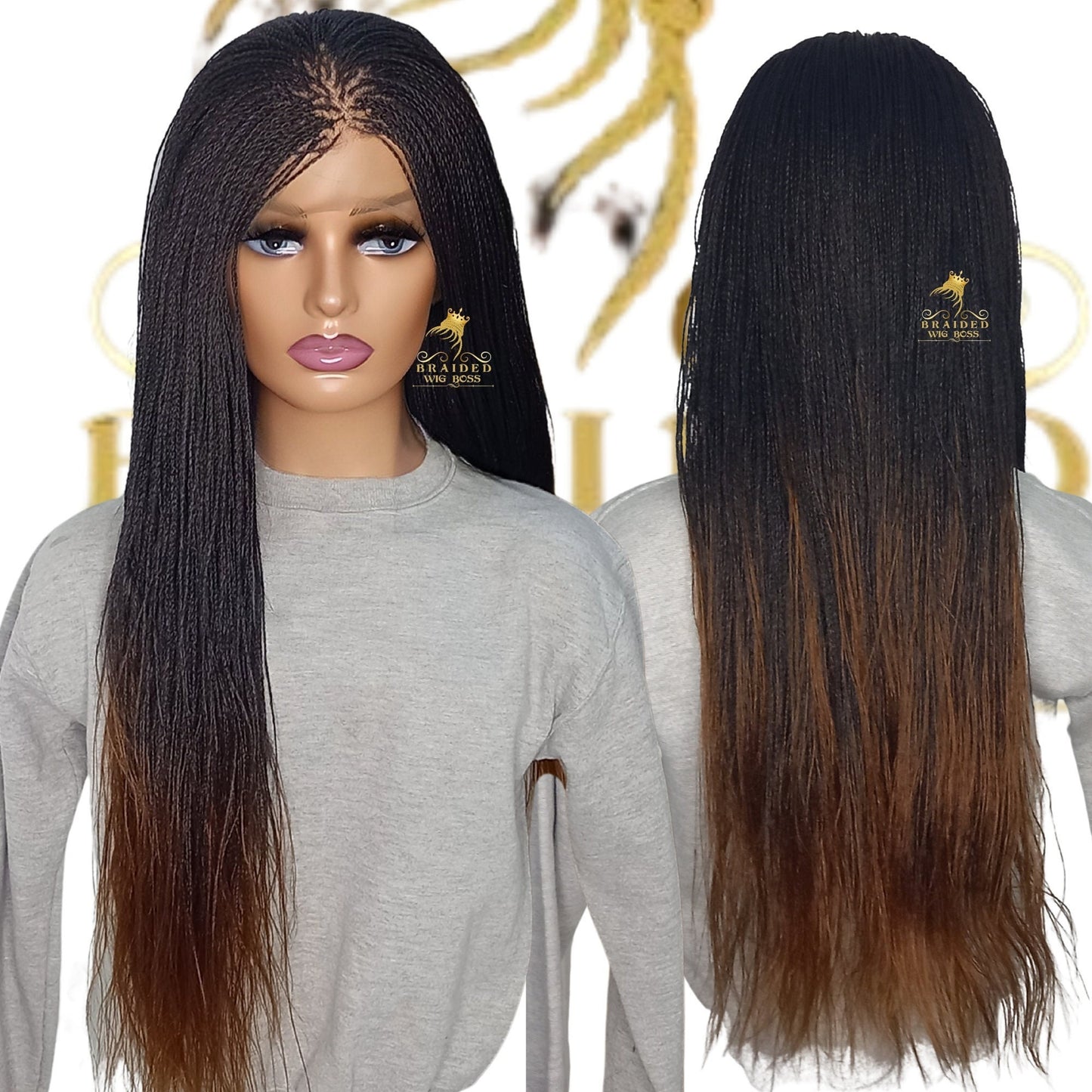 Ombre Micro Million Braids Braided Wig on Full Lace Wig for Black Women 30 Inches, Million Braided Wig with Twist