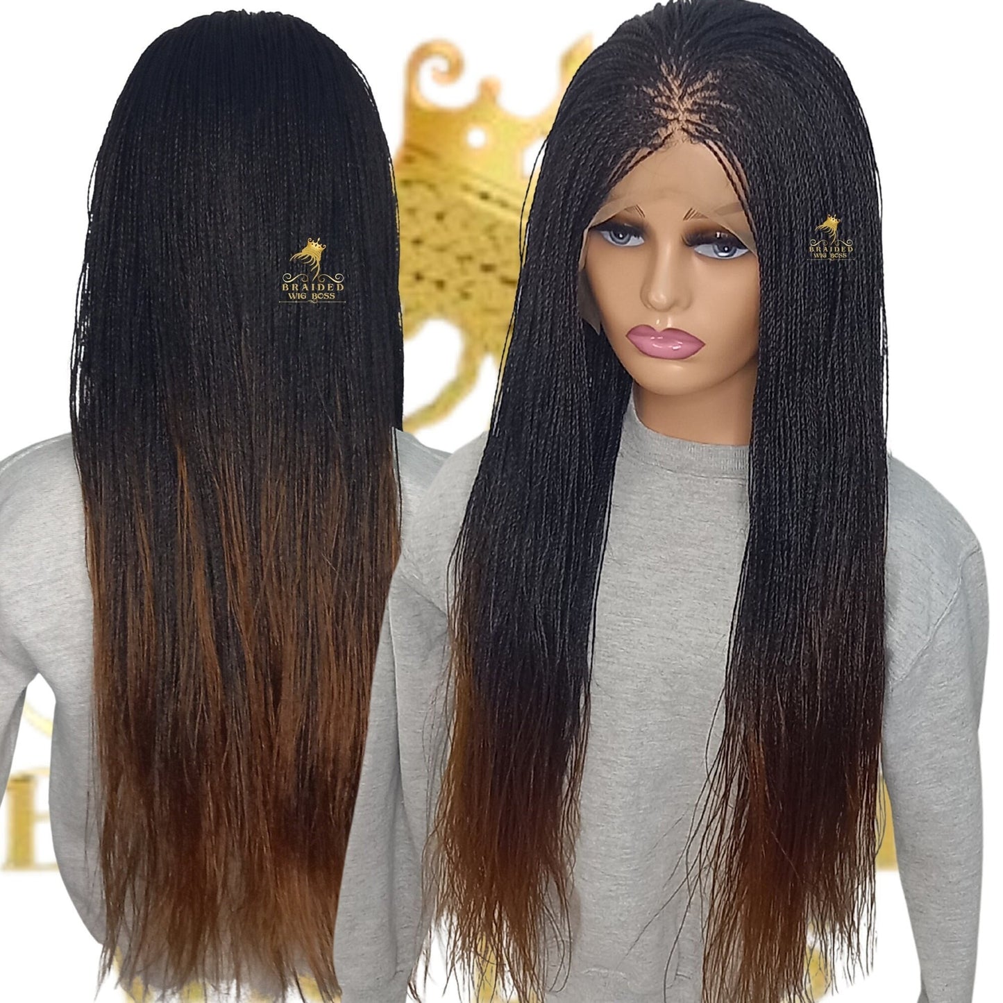 Ombre Micro Million Braids Braided Wig on Full Lace Wig for Black Women 30 Inches, Million Braided Wig with Twist