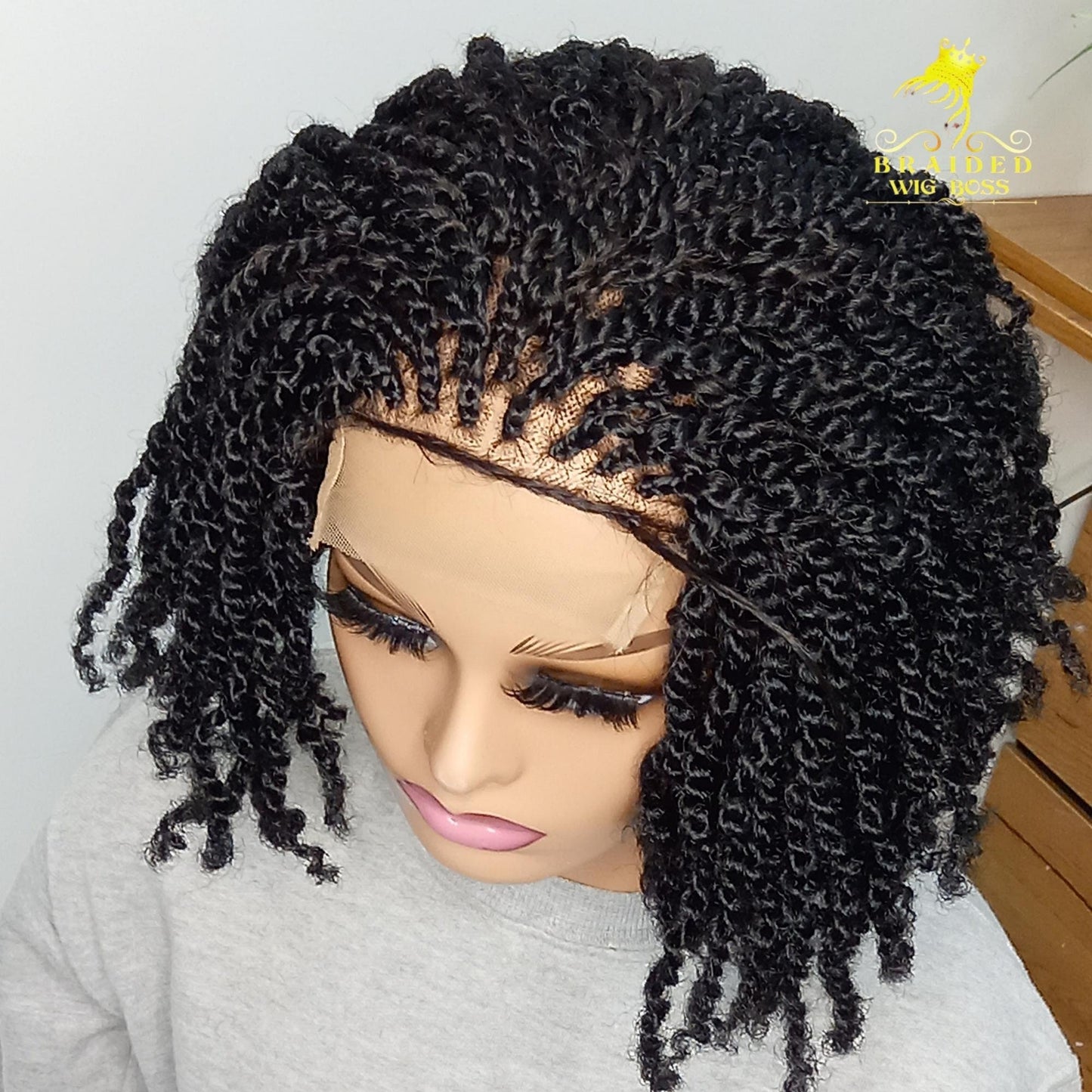 Kinky Crochet Braids Twist Wig On a 4 By 4 Braided Lace Front 8-10 inches Afro Braids Curly Handmade Glueless Braided Wig for Black Women