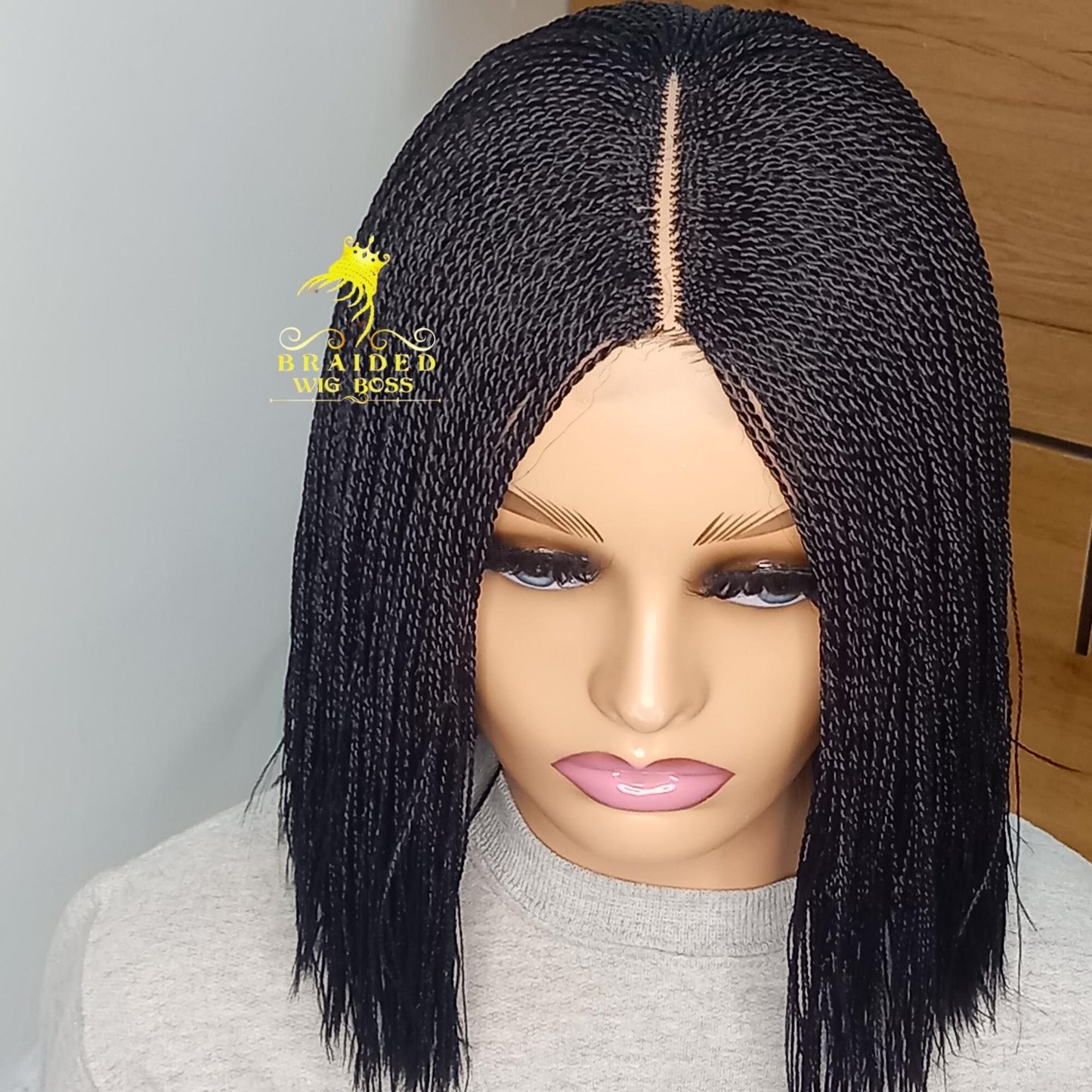 Short Blunt Cut Micro Million Twist Wig on Full 2*4 Centre-Part Braided Lace Front Color 2 Micro Mini Braid Wig for Black Women