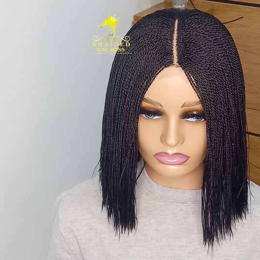 Short Blunt Cut Micro Million Twist Wig on Full 2*4 Centre-Part Braided Lace Front Color 2 Micro Mini Braid Wig for Black Women