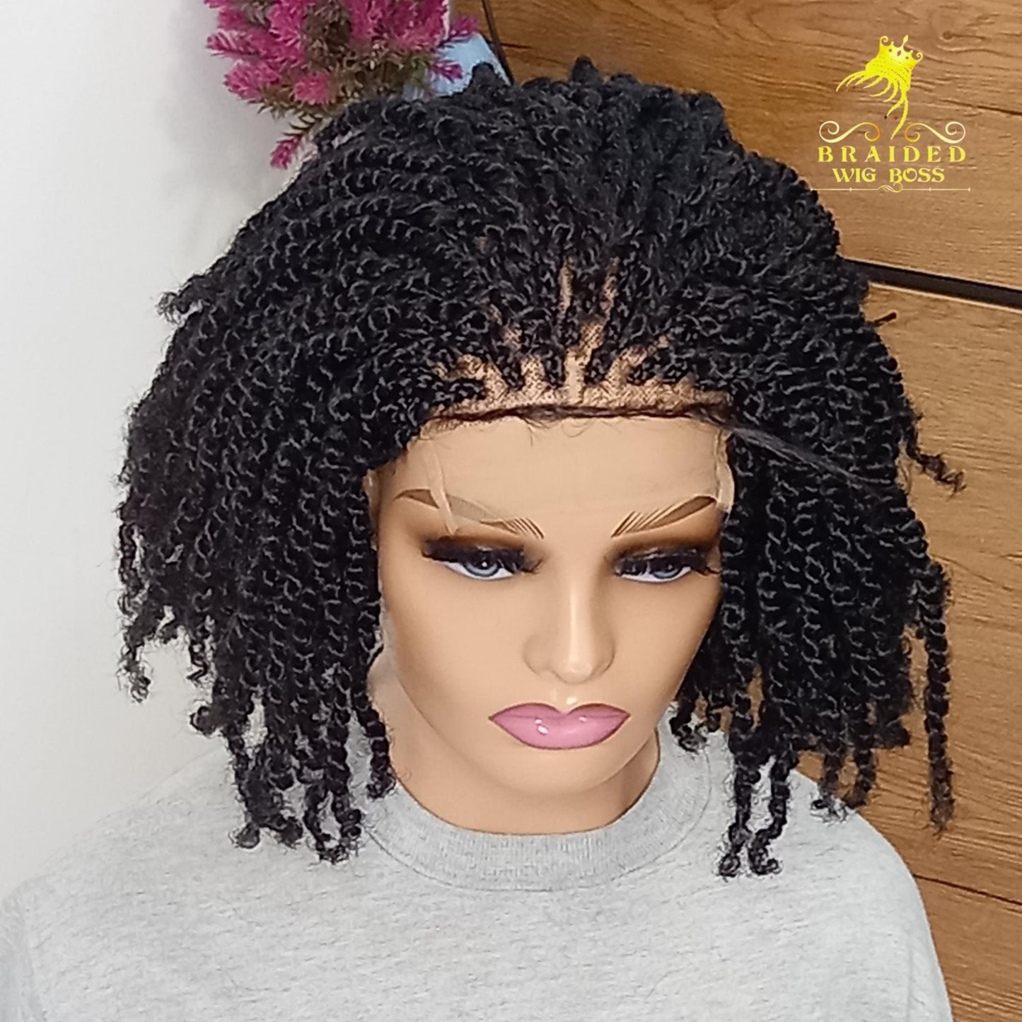 Kinky Crochet Braids Twist Wig On a 4 By 4 Braided Lace Front 8-10 inches Afro Braids Curly Handmade Glueless Braided Wig for Black Women