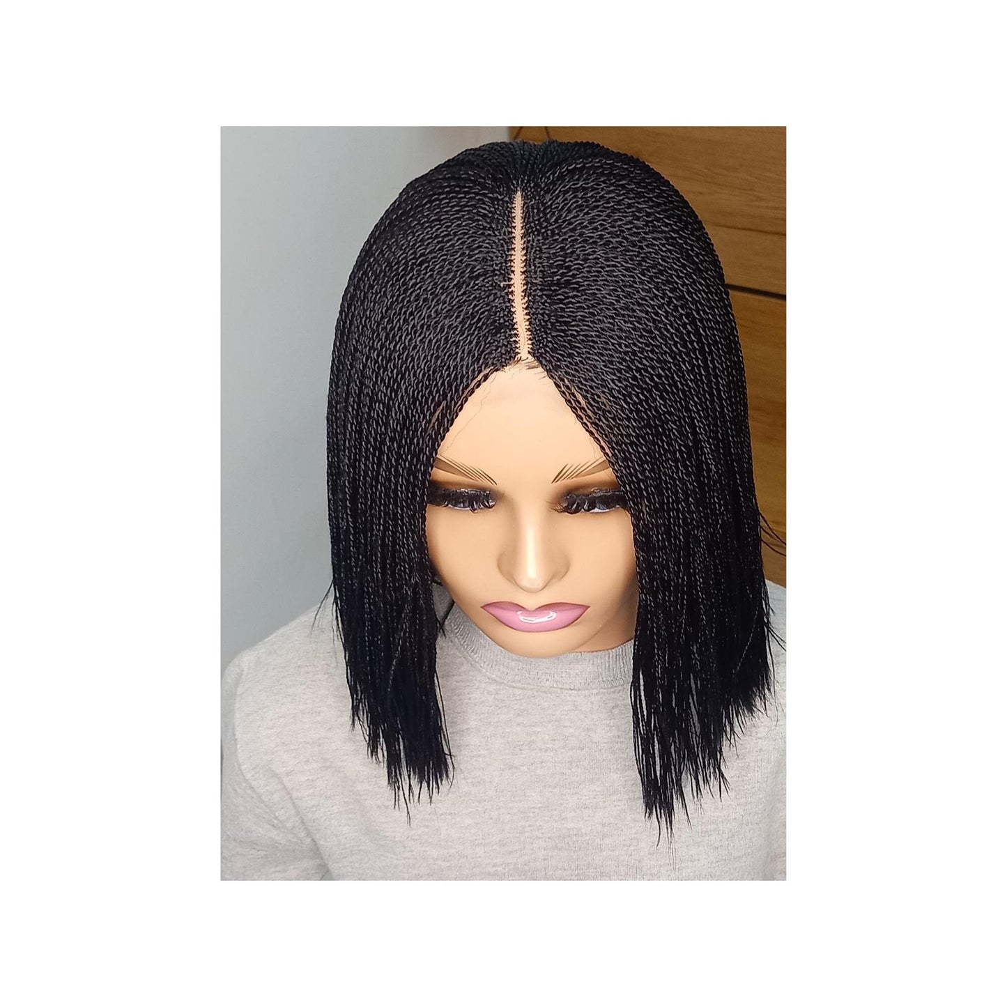 Short Blunt Cut Micro Million Twist Wig on Full 2*4 Centre-Part Braided Lace Front Color 2 Micro Mini Braid Wig for Black Women