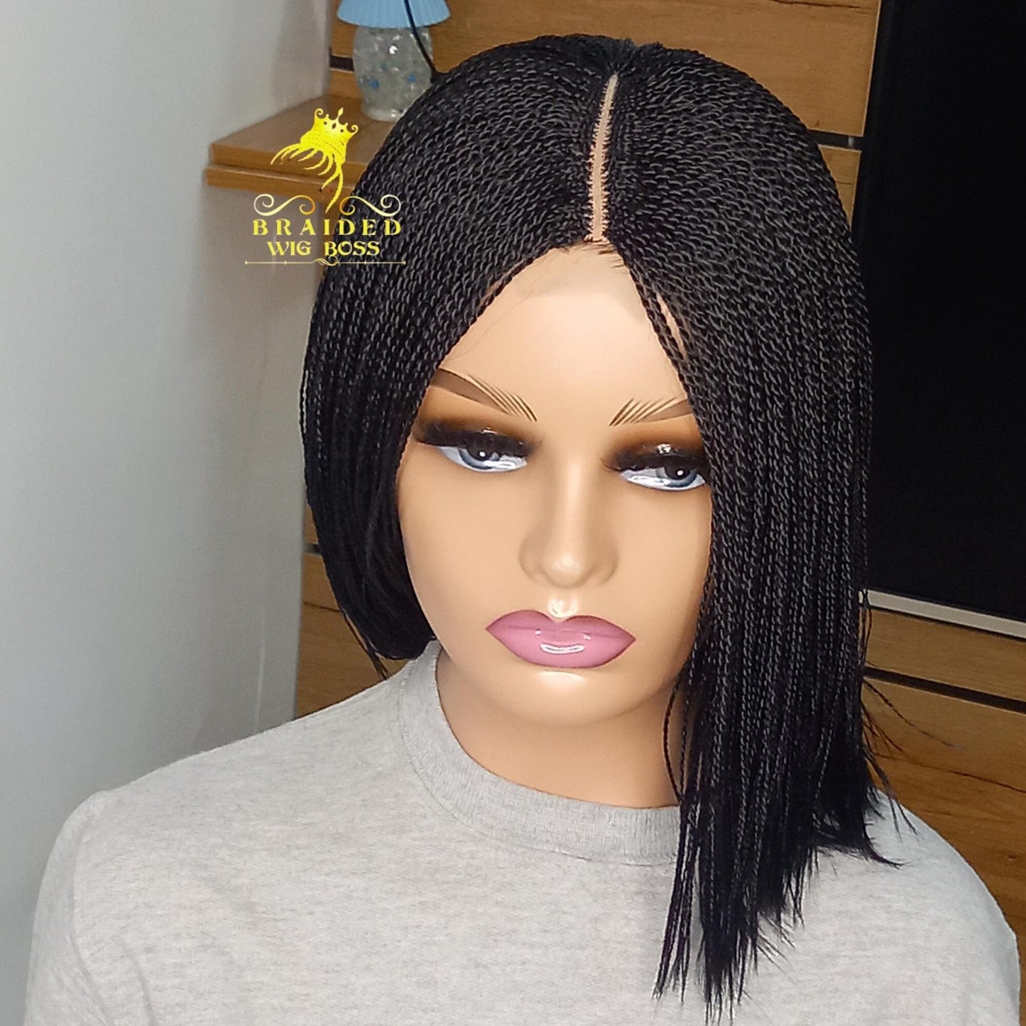 Short Blunt Cut Micro Million Twist Wig on Full 2*4 Centre-Part Braided Lace Front Color 2 Micro Mini Braid Wig for Black Women