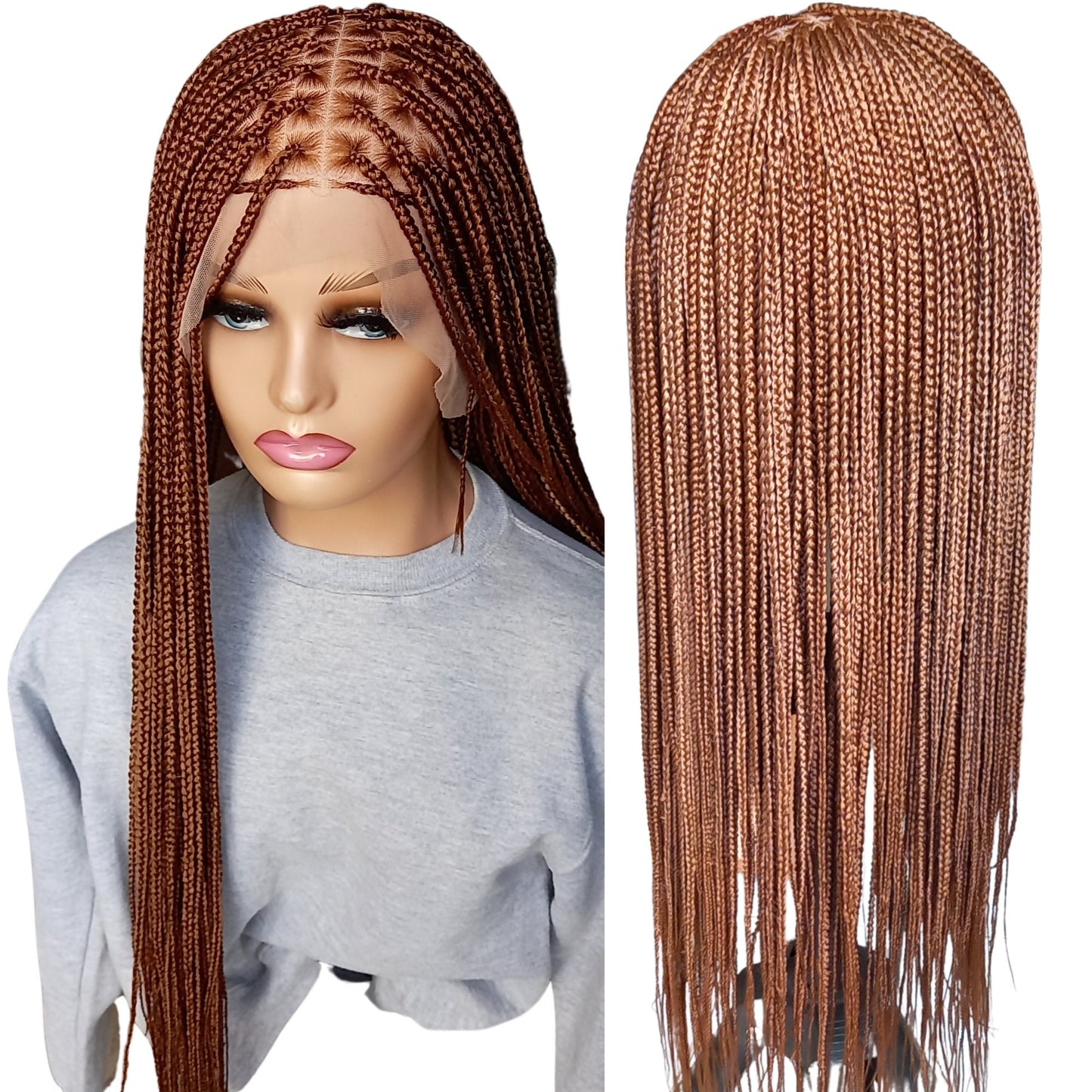 30" Knotless Braided Wigs For Black Women With Human Hair Baby Hairs Light Auburn Color 30 Available In Braided Lace Front & Full Lace Wig