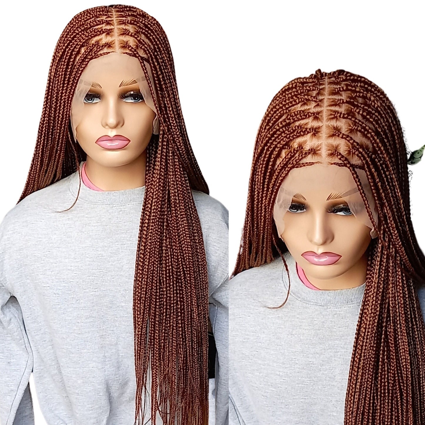 30" Knotless Braided Wigs For Black Women With Human Hair Baby Hairs Light Auburn Color 30 Available In Braided Lace Front & Full Lace Wig