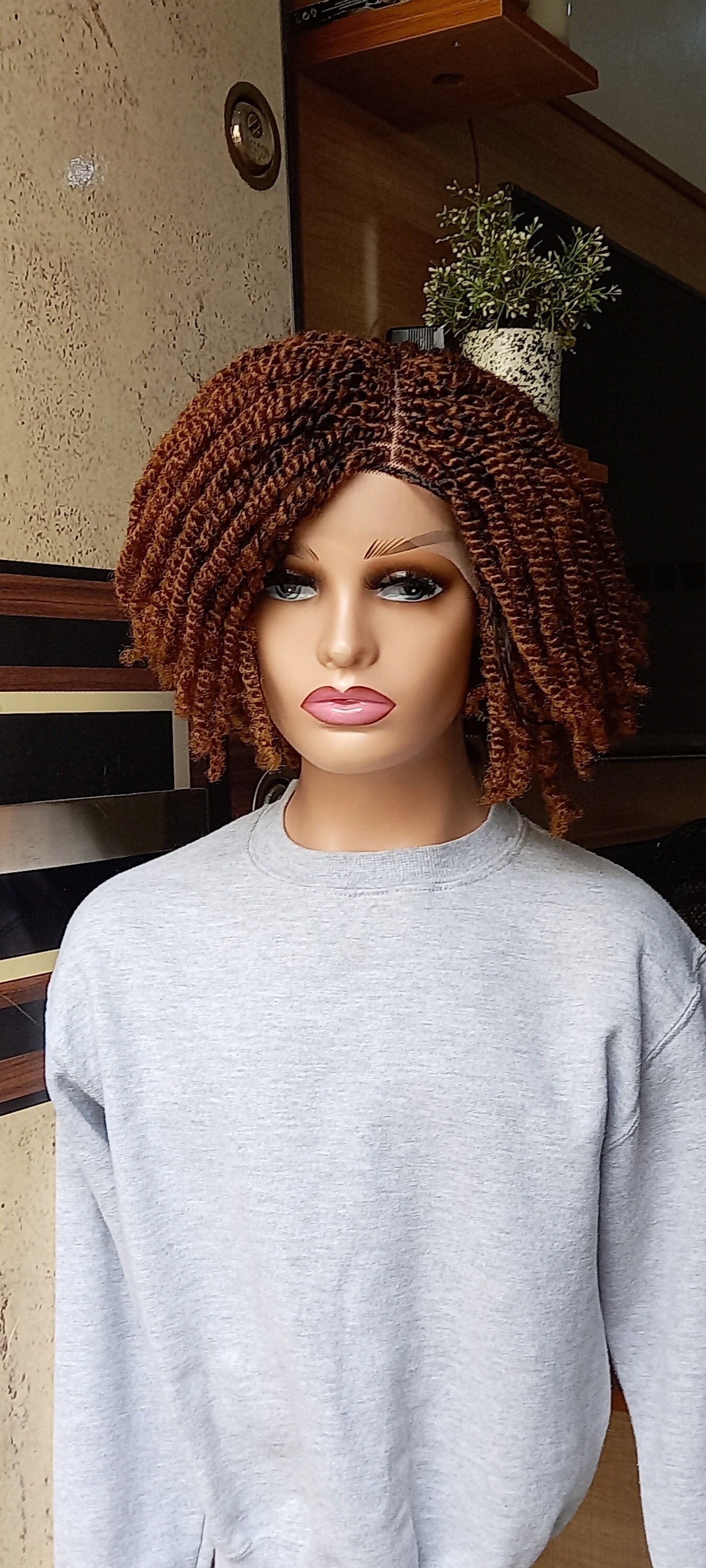 Glueless Kinky twist wig For Black Women on 4 by 4 lace closure wig Color 30 Handmade Synthetic Braided Wig, 10 Inches Short Bob Braided wig