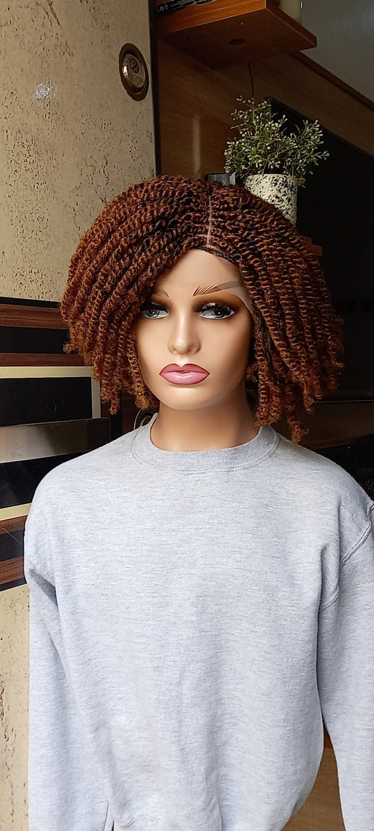 Glueless Kinky twist wig For Black Women on 4 by 4 lace closure wig Color 30 Handmade Synthetic Braided Wig, 10 Inches Short Bob Braided wig