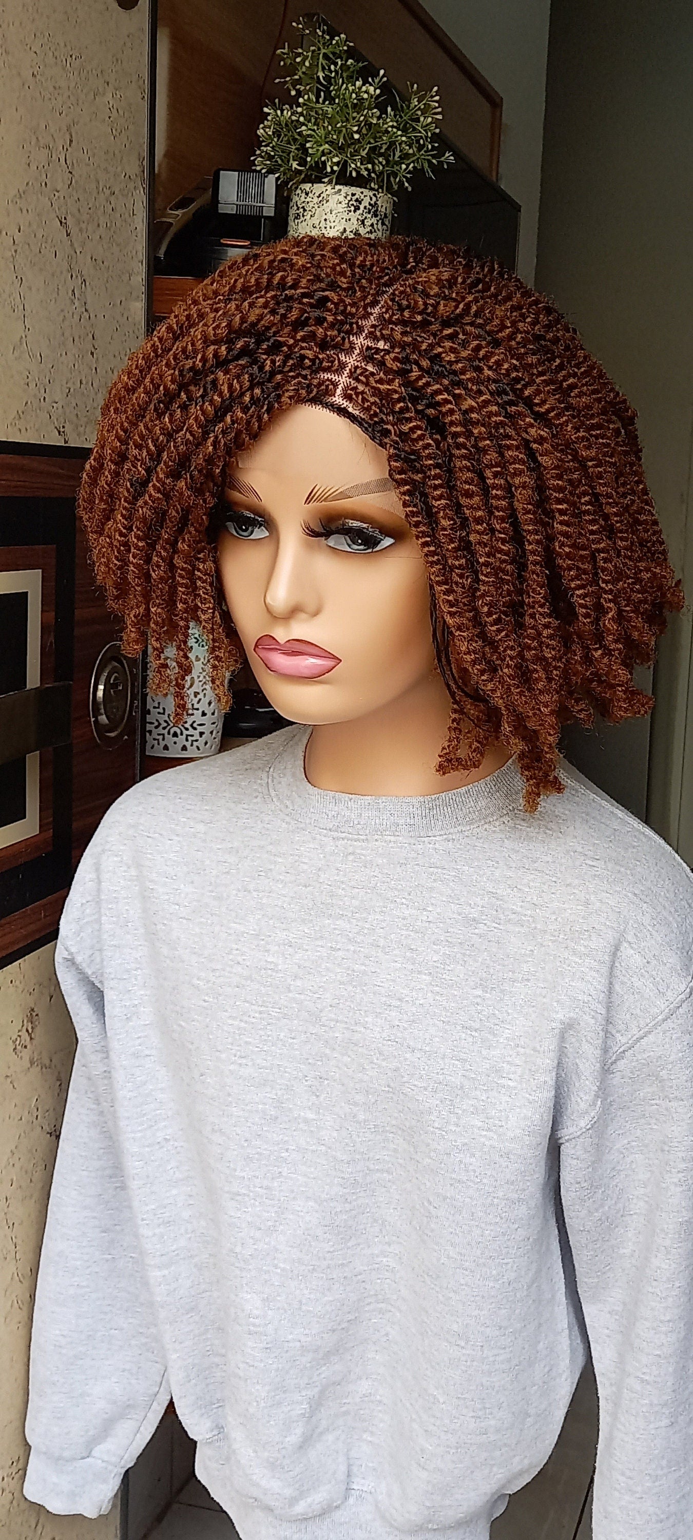 Glueless Kinky twist wig For Black Women on 4 by 4 lace closure wig Color 30 Handmade Synthetic Braided Wig, 10 Inches Short Bob Braided wig