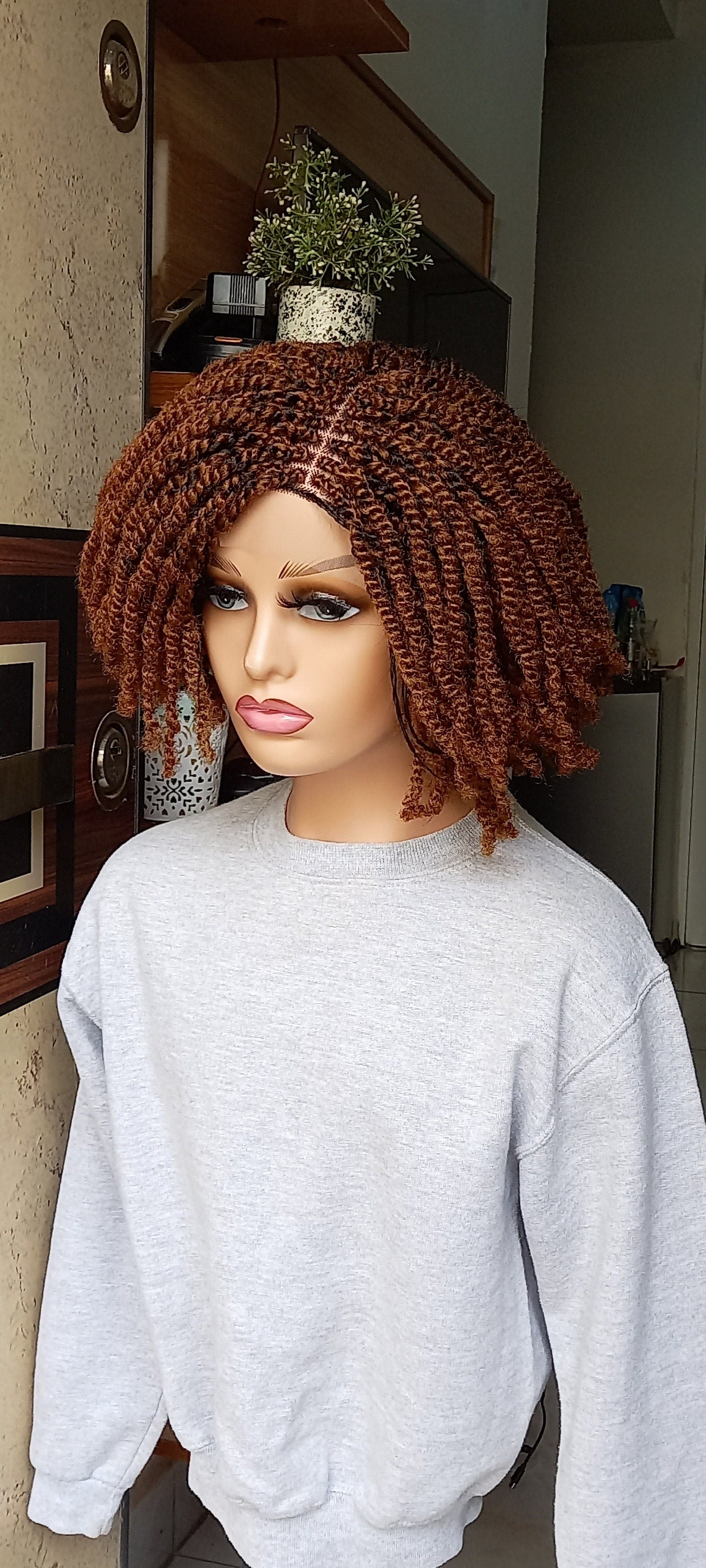 Glueless Kinky twist wig For Black Women on 4 by 4 lace closure wig Color 30 Handmade Synthetic Braided Wig, 10 Inches Short Bob Braided wig