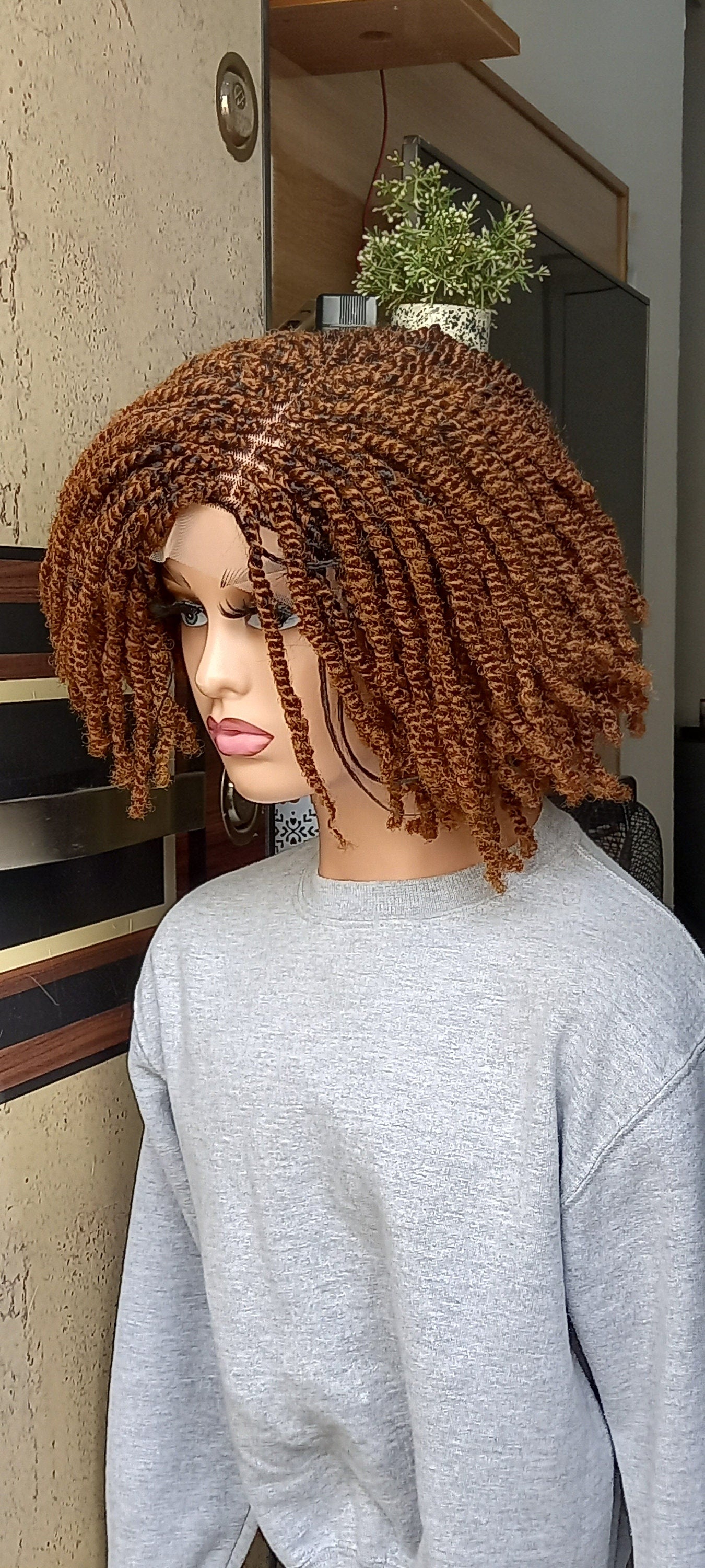 Glueless Kinky twist wig For Black Women on 4 by 4 lace closure wig Color 30 Handmade Synthetic Braided Wig, 10 Inches Short Bob Braided wig