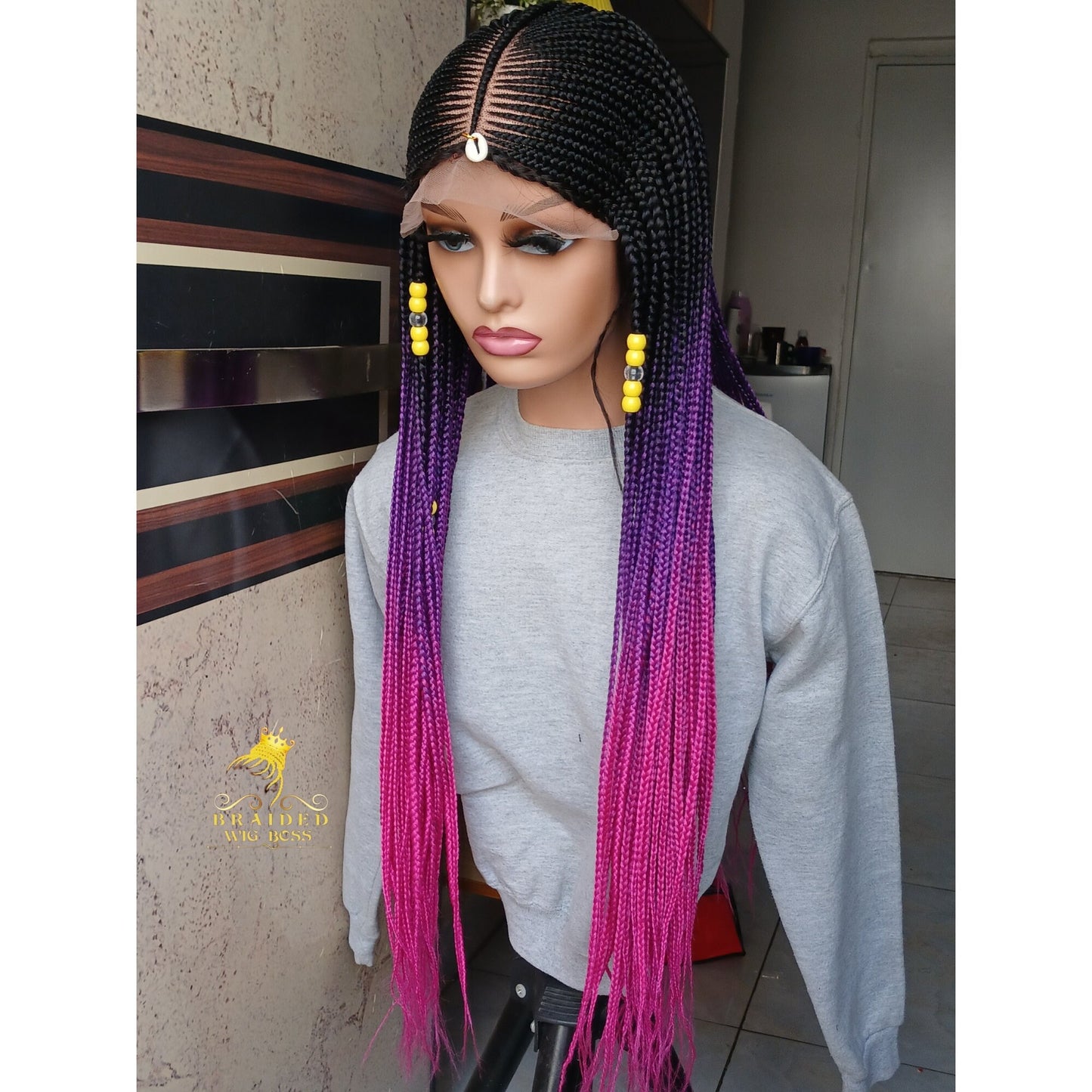 Ombre Cornrow Braided Wigs for Black Women Glueless Handmade Box Braided Wig Synthetic Protective Hairstyle with free shipping