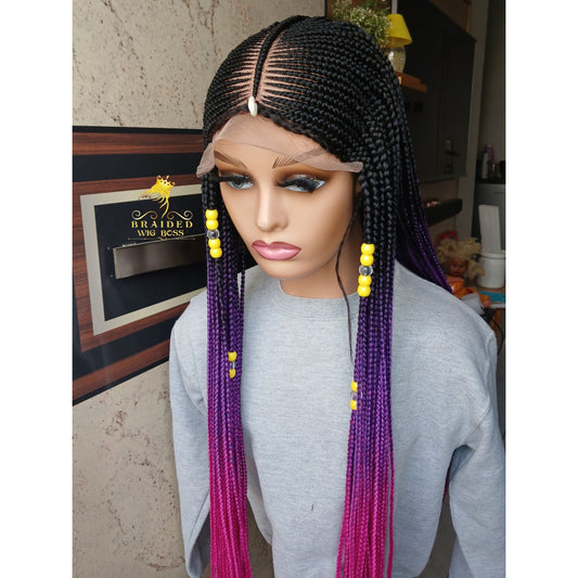 Ombre Cornrow Braided Wigs for Black Women Glueless Handmade Box Braided Wig Synthetic Protective Hairstyle with free shipping