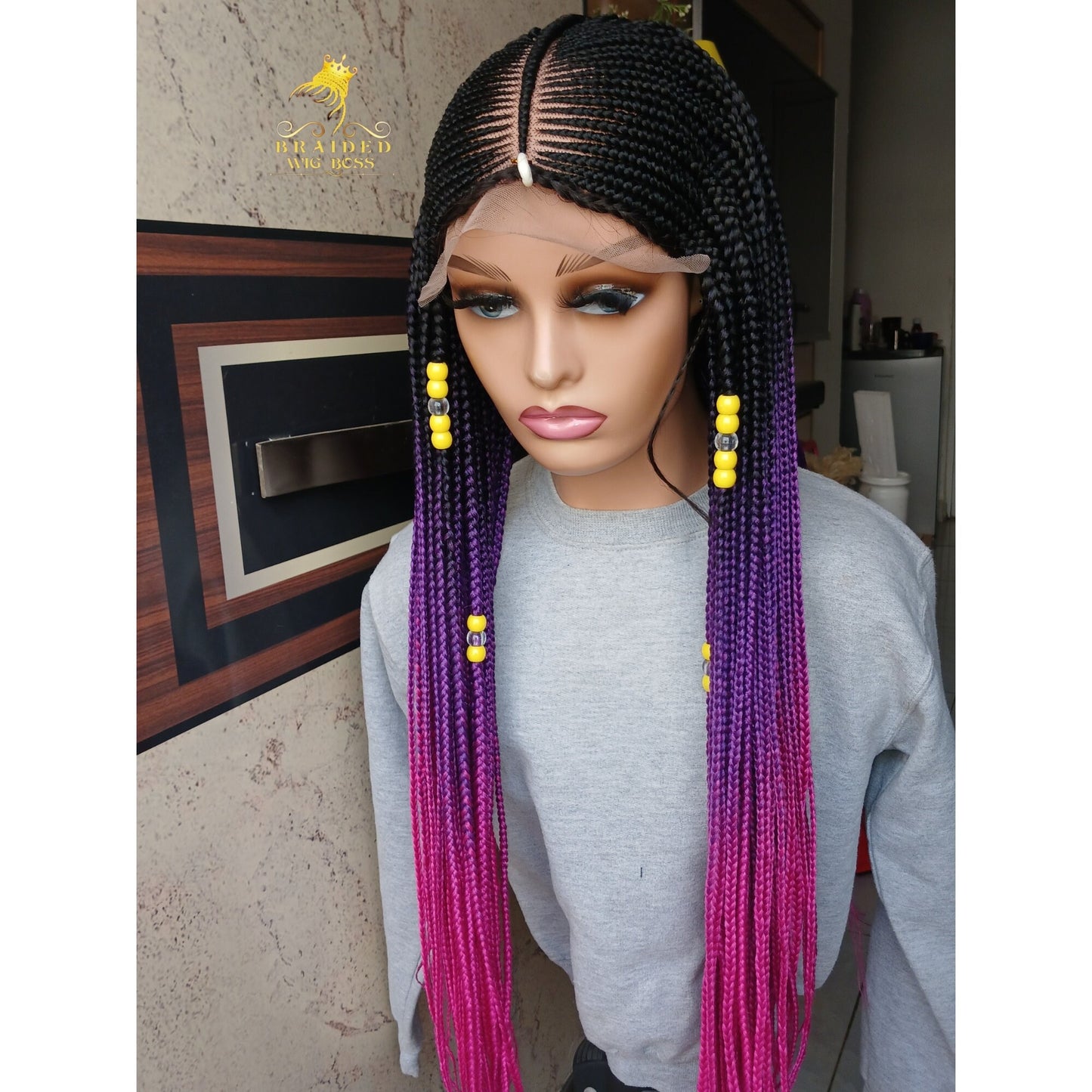 Ombre Cornrow Braided Wigs for Black Women Glueless Handmade Box Braided Wig Synthetic Protective Hairstyle with free shipping