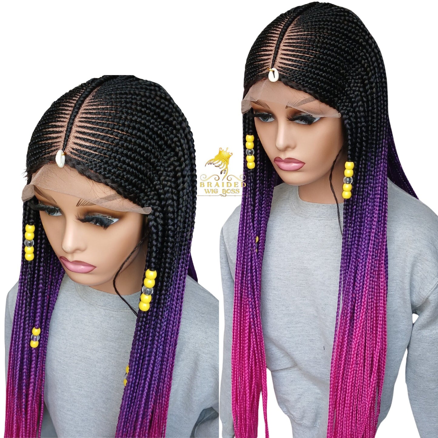 Ombre Cornrow Braided Wigs for Black Women Glueless Handmade Box Braided Wig Synthetic Protective Hairstyle with free shipping