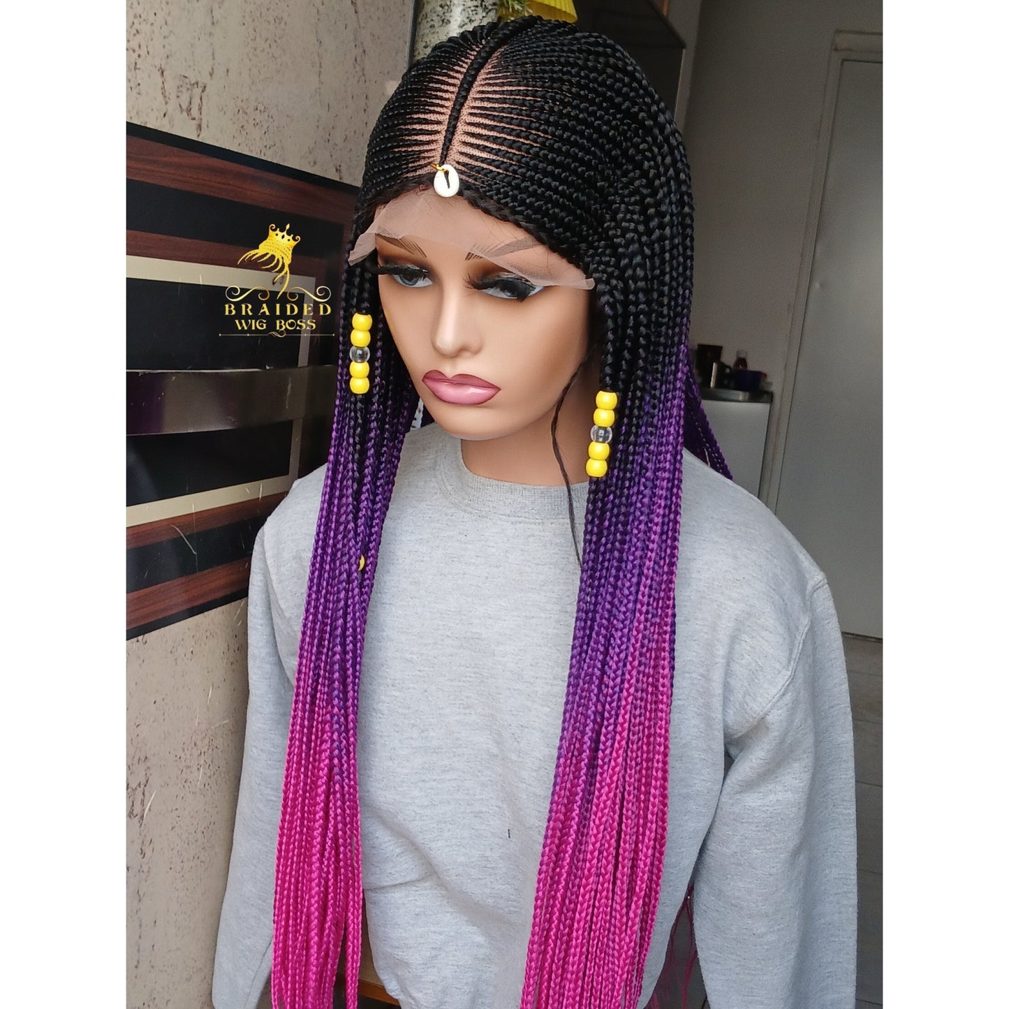 Ombre Cornrow Braided Wigs for Black Women Glueless Handmade Box Braided Wig Synthetic Protective Hairstyle with free shipping