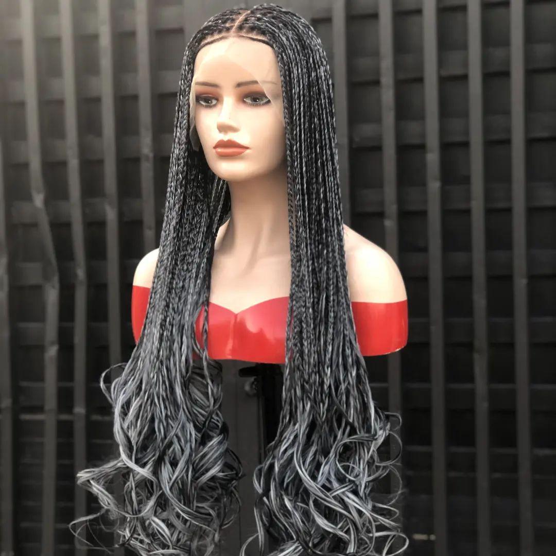 Reuseable French curls knotless braid wigs for black women on full lace wig Glueless knotless box braided wig Handmade braided lace wigs