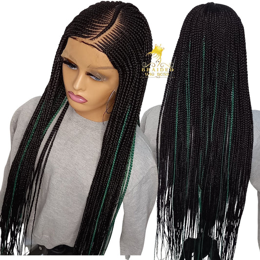 Glueless Cornrow Wig 13x6 Braided Lace Front - Ghana Weaving, Color 2 with Green Touch, Synthetic Braided Wig