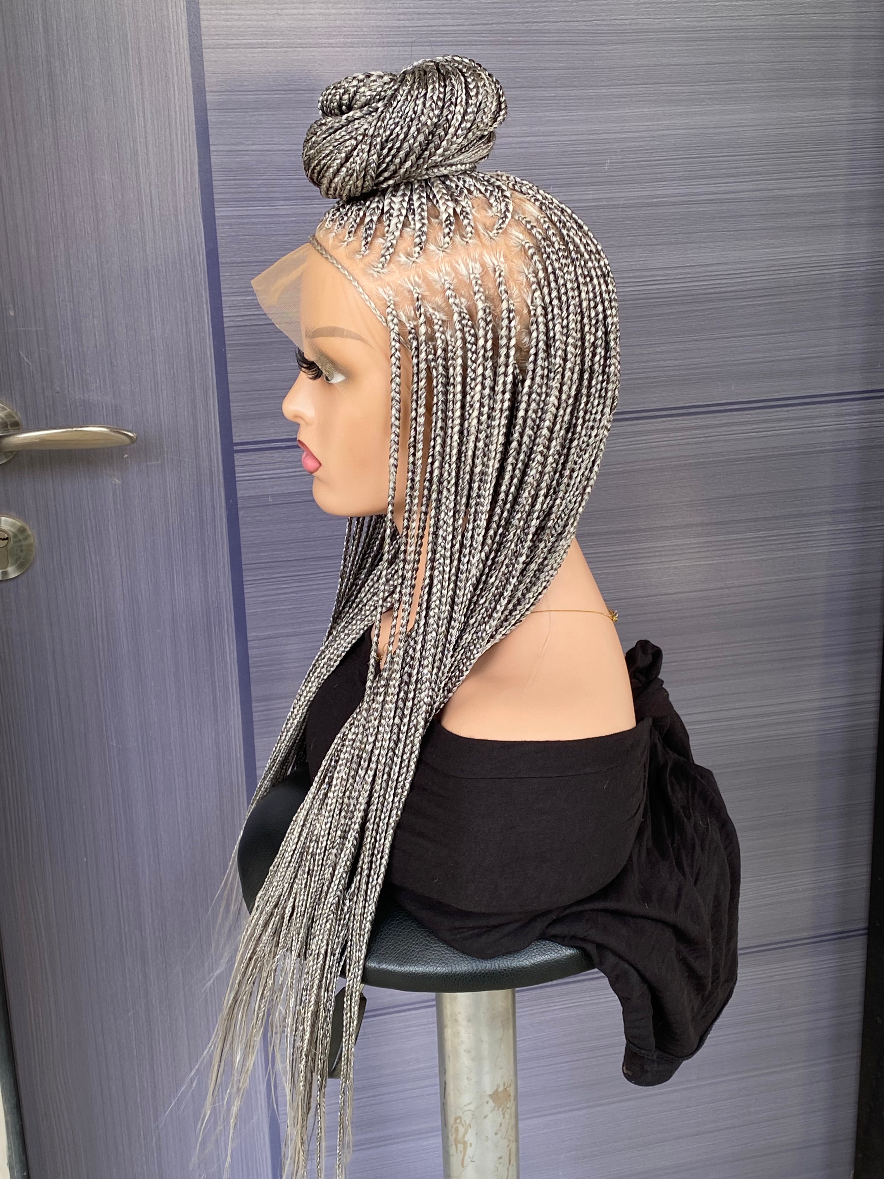 Custom Knotless Braided Wig 30” – Pebble/Black Color Full Lace Braided Wig, Glueless Box Braids, Handmade Protective Style for Black Women
