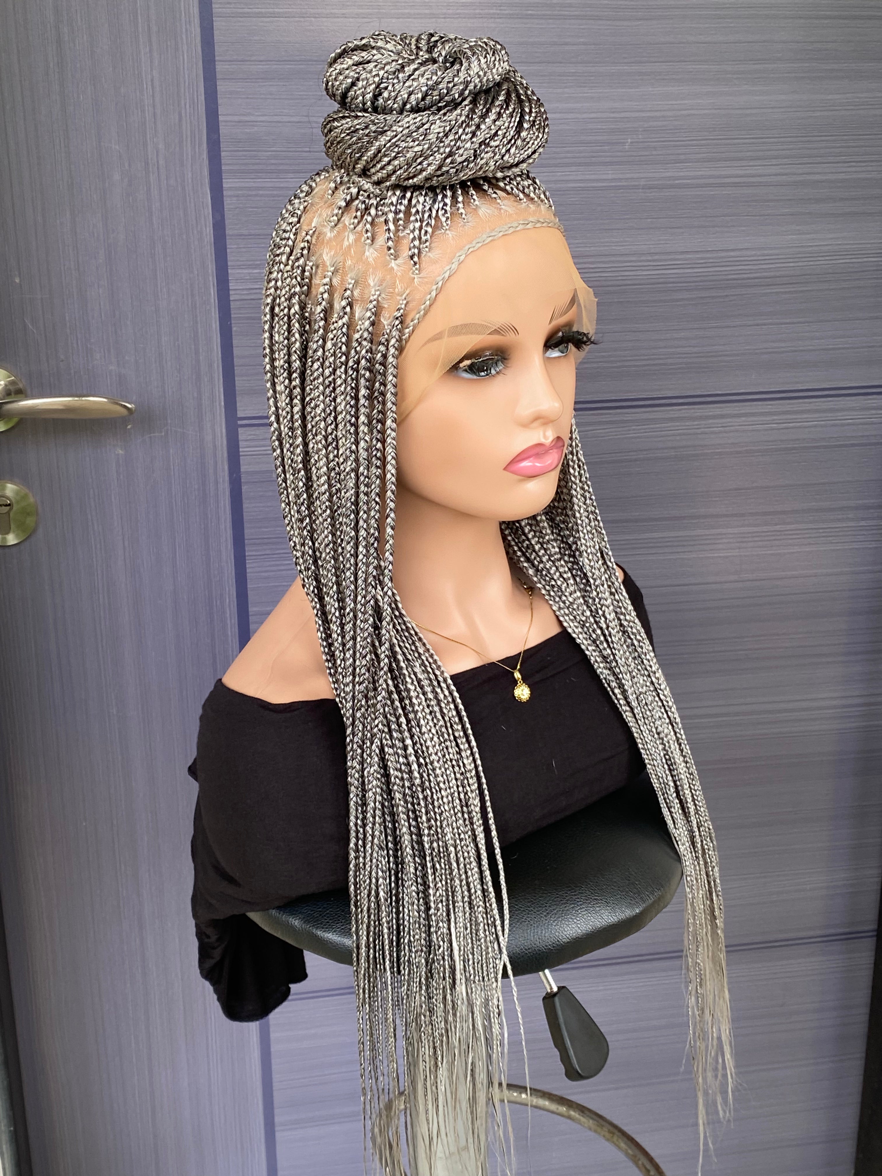 Custom Knotless Braided Wig 30” – Pebble/Black Color Full Lace Braided Wig, Glueless Box Braids, Handmade Protective Style for Black Women