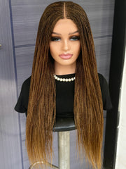 Ready to Ship 30” Micro Braid Wig In Mixed Blonde Color Braided Wig for Black Women, 6x6 Lace Frontal, Glueless Handmade Protective Style