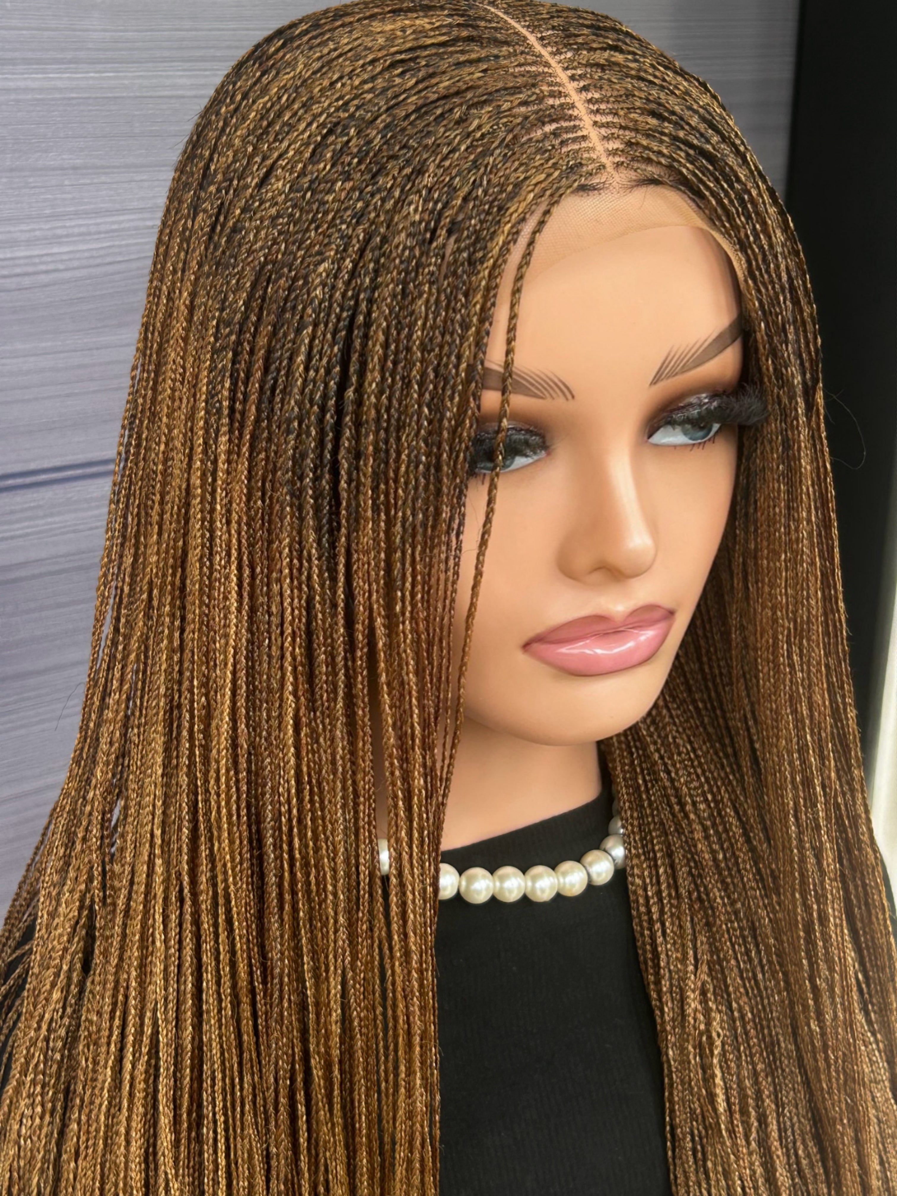 Ready to Ship 30” Micro Braid Wig In Mixed Blonde Color Braided Wig for Black Women, 6x6 Lace Frontal, Glueless Handmade Protective Style