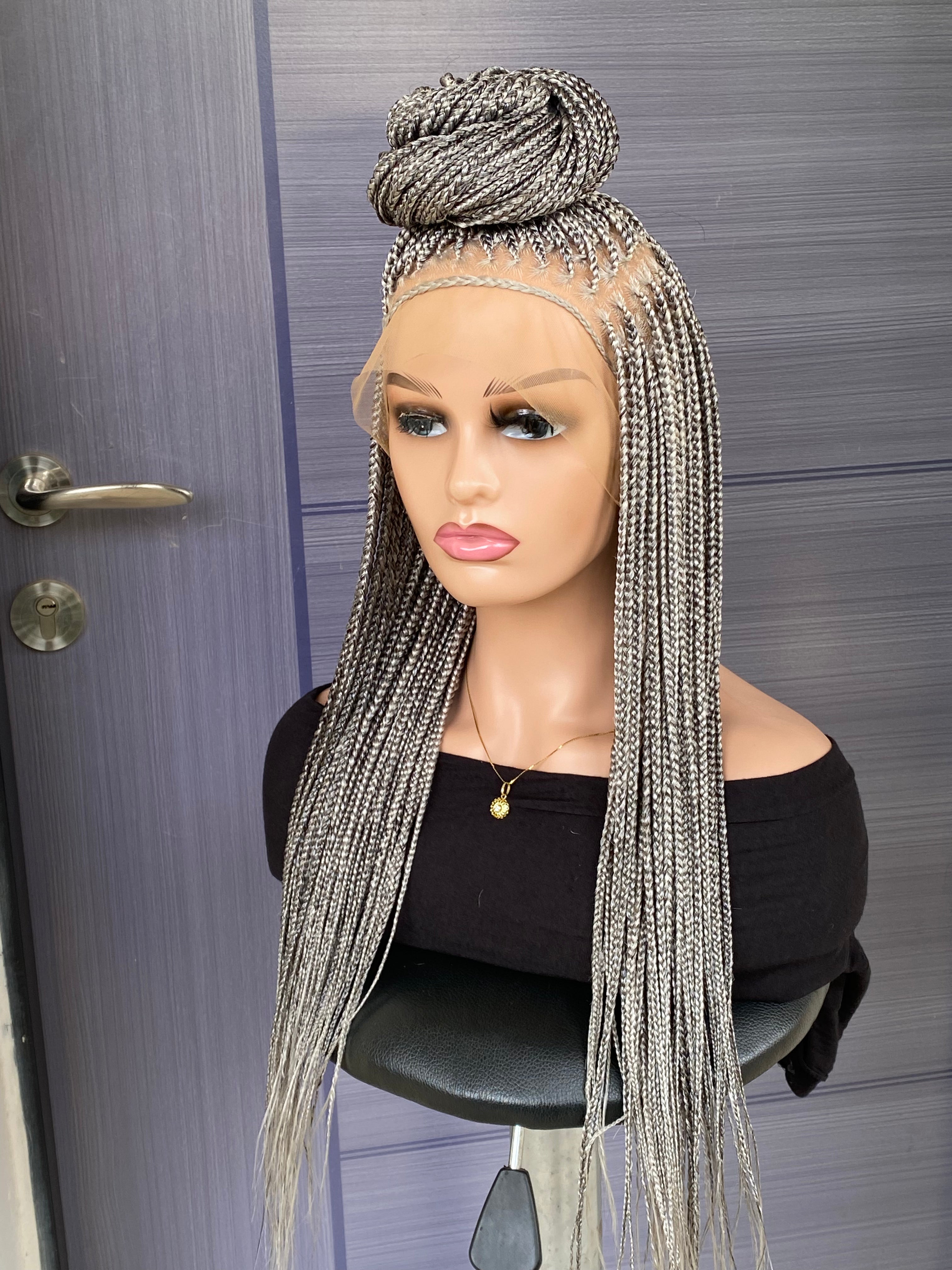 Custom Knotless Braided Wig 30” – Pebble/Black Color Full Lace Braided Wig, Glueless Box Braids, Handmade Protective Style for Black Women