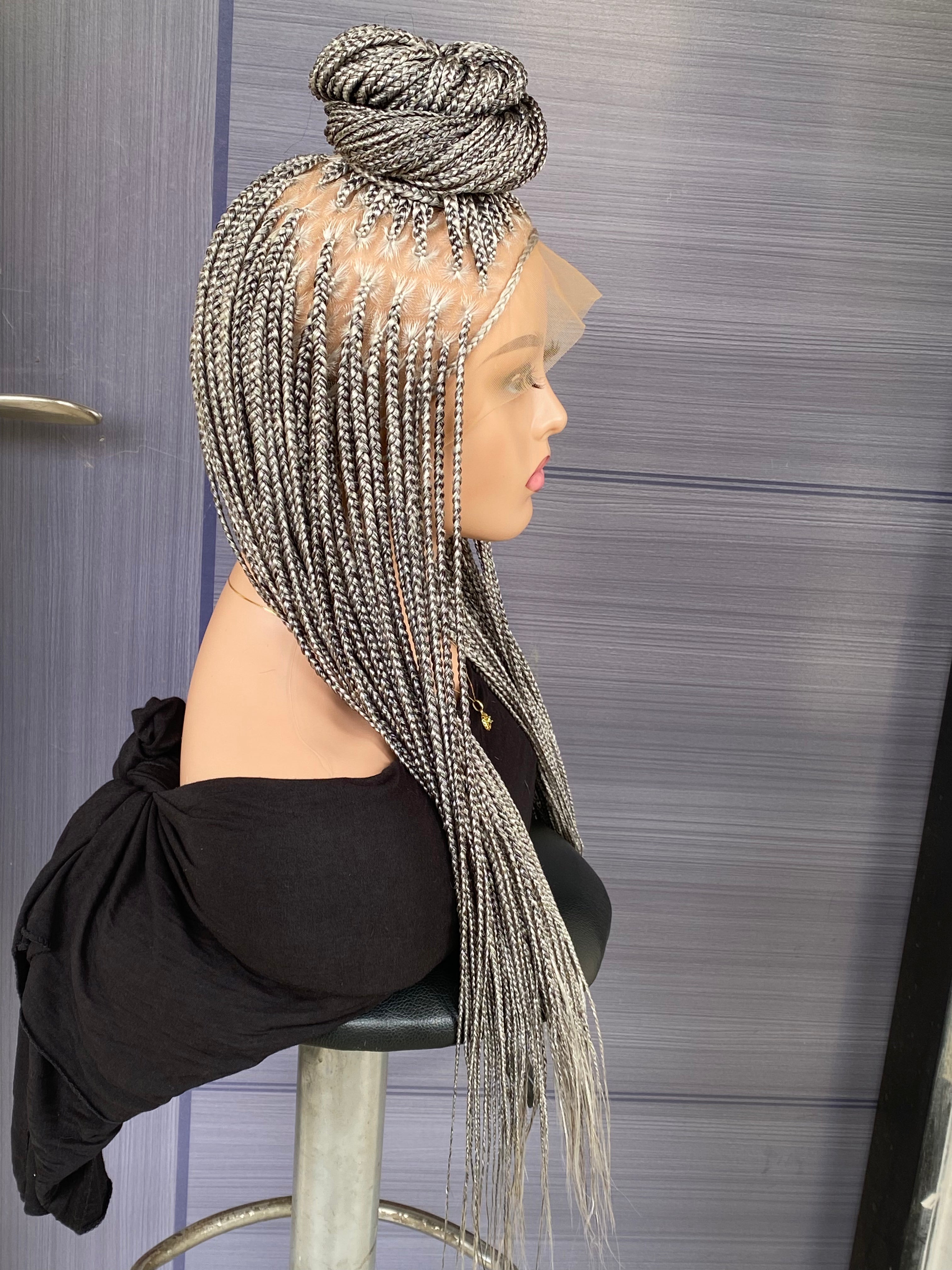 Custom Knotless Braided Wig 30” – Pebble/Black Color Full Lace Braided Wig, Glueless Box Braids, Handmade Protective Style for Black Women