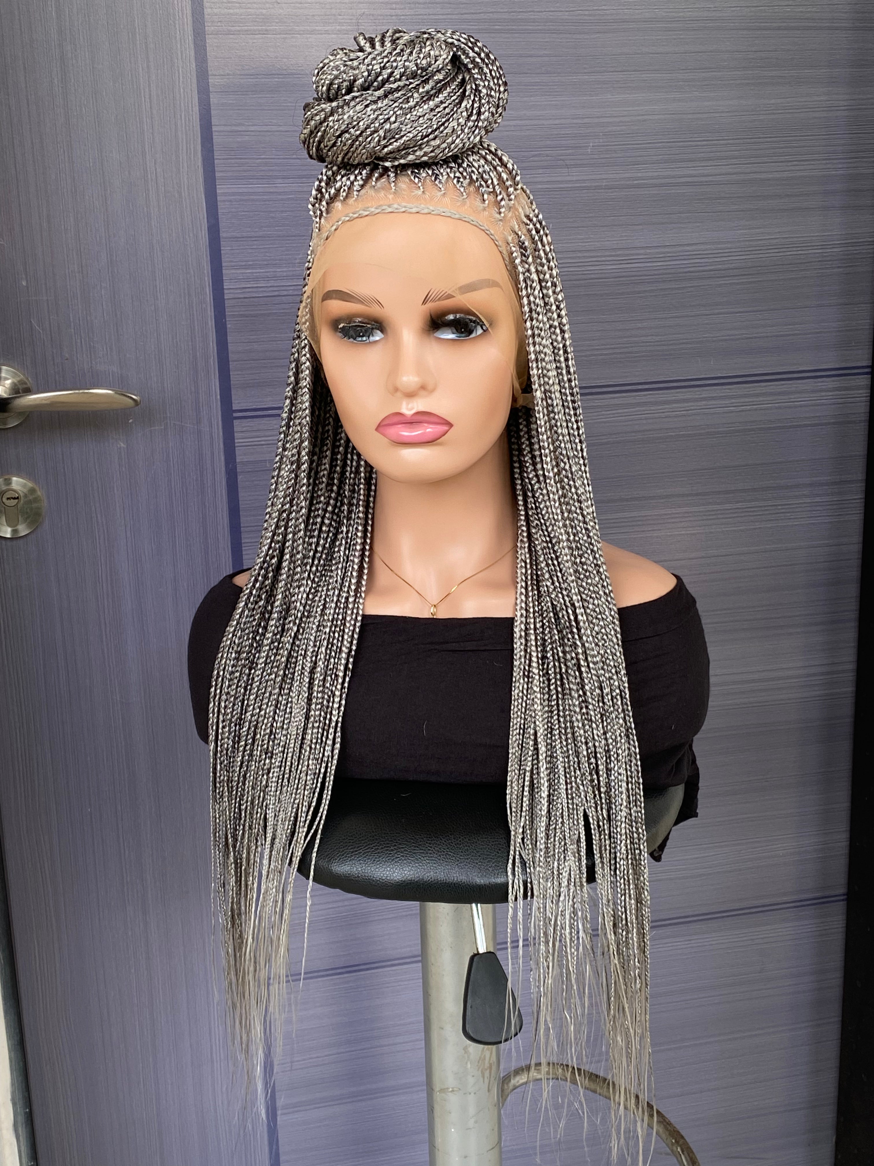 Custom Knotless Braided Wig 30” – Pebble/Black Color Full Lace Braided Wig, Glueless Box Braids, Handmade Protective Style for Black Women