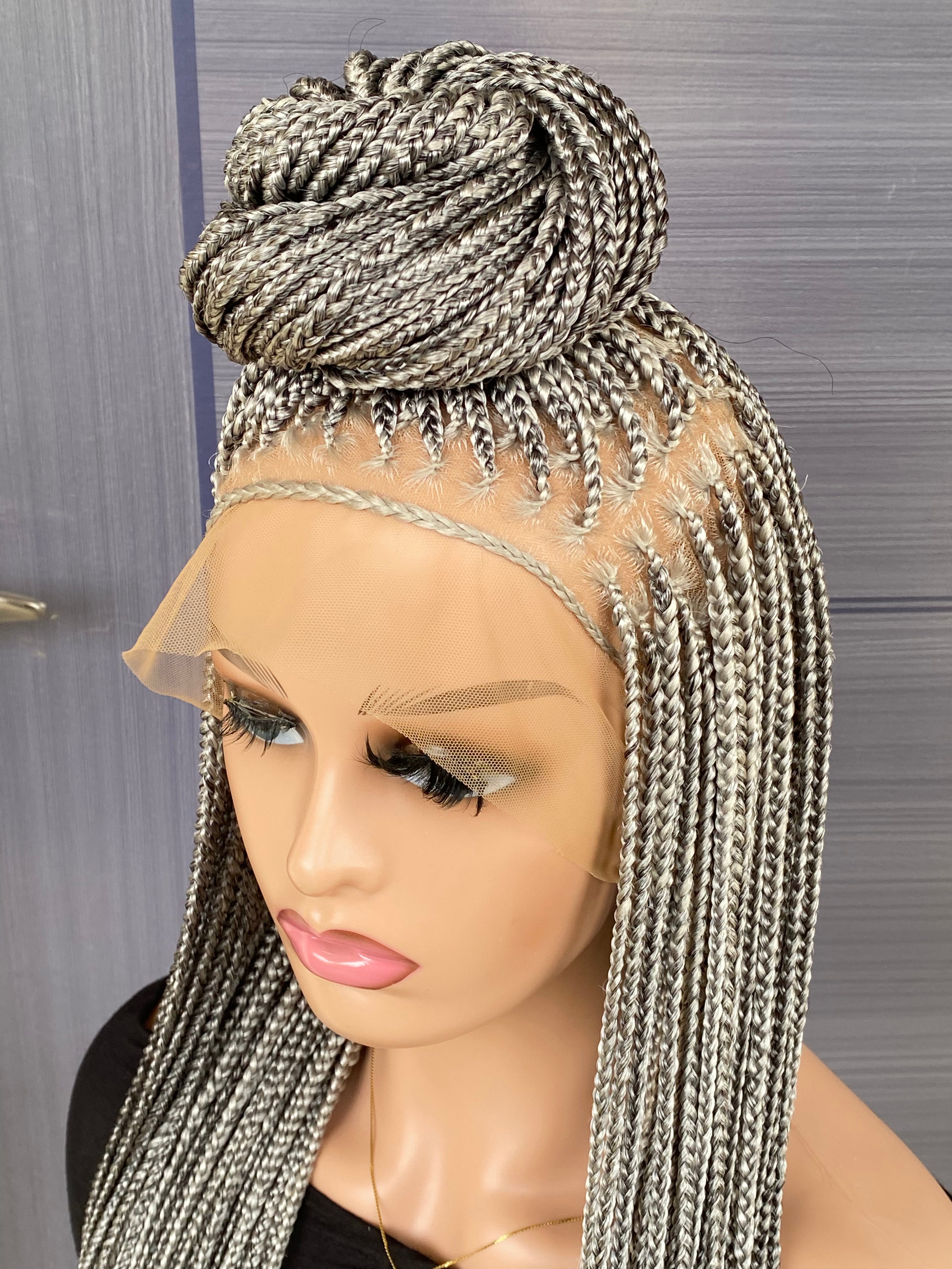 Custom Knotless Braided Wig 30” – Pebble/Black Color Full Lace Braided Wig, Glueless Box Braids, Handmade Protective Style for Black Women